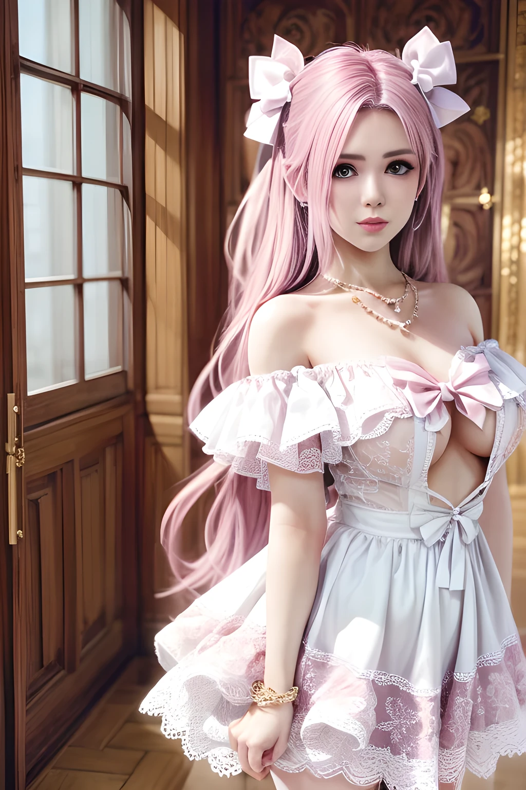 Cosplay beautiful girl, ((masterpiece: 1.4, best quality: 1.2)), ultra-realistic, blue eyes, long hair, pink and white costume, in school art room, background lighting, staring at me shyly