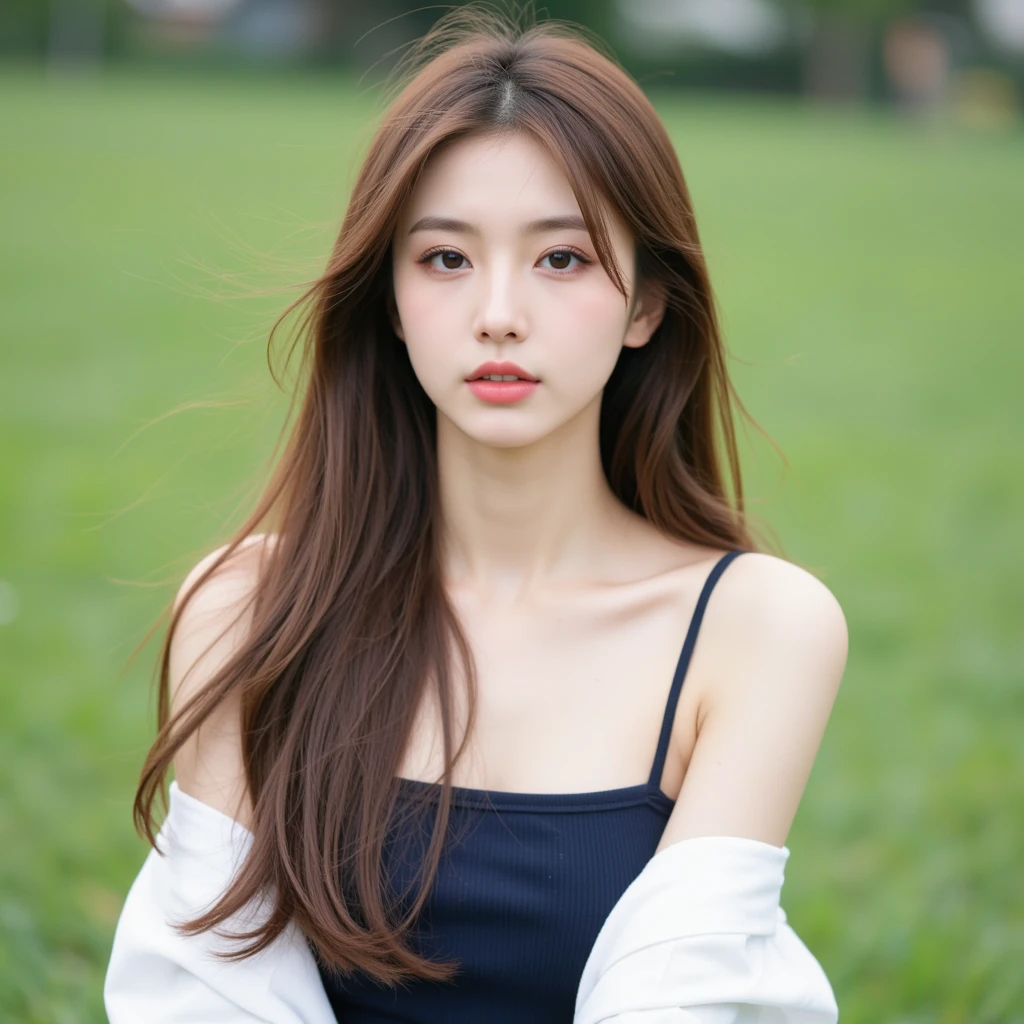Gorgeus Girl, Beautiful, , 20 Years Old, White Skin, Beside, Sexy Pose, wearing tank top, Bokeh, park Background, Masterpiece, asking for a hug, full body Shot