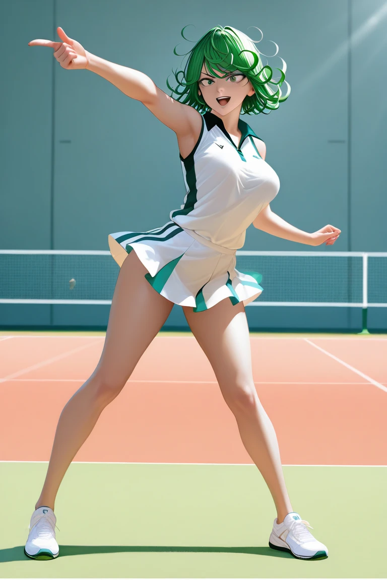 A beautiful Japanese woman (Tatsumaki,black dress, green hair) in a baseball cap pitching a ball, dynamic pitching pose, crowd cheering in the background, bokeh effect, anime style, highly detailed, intricate, vibrant colors, cinematic lighting, photorealistic, masterpiece, (show her entire body, show all of her, show her entire body)