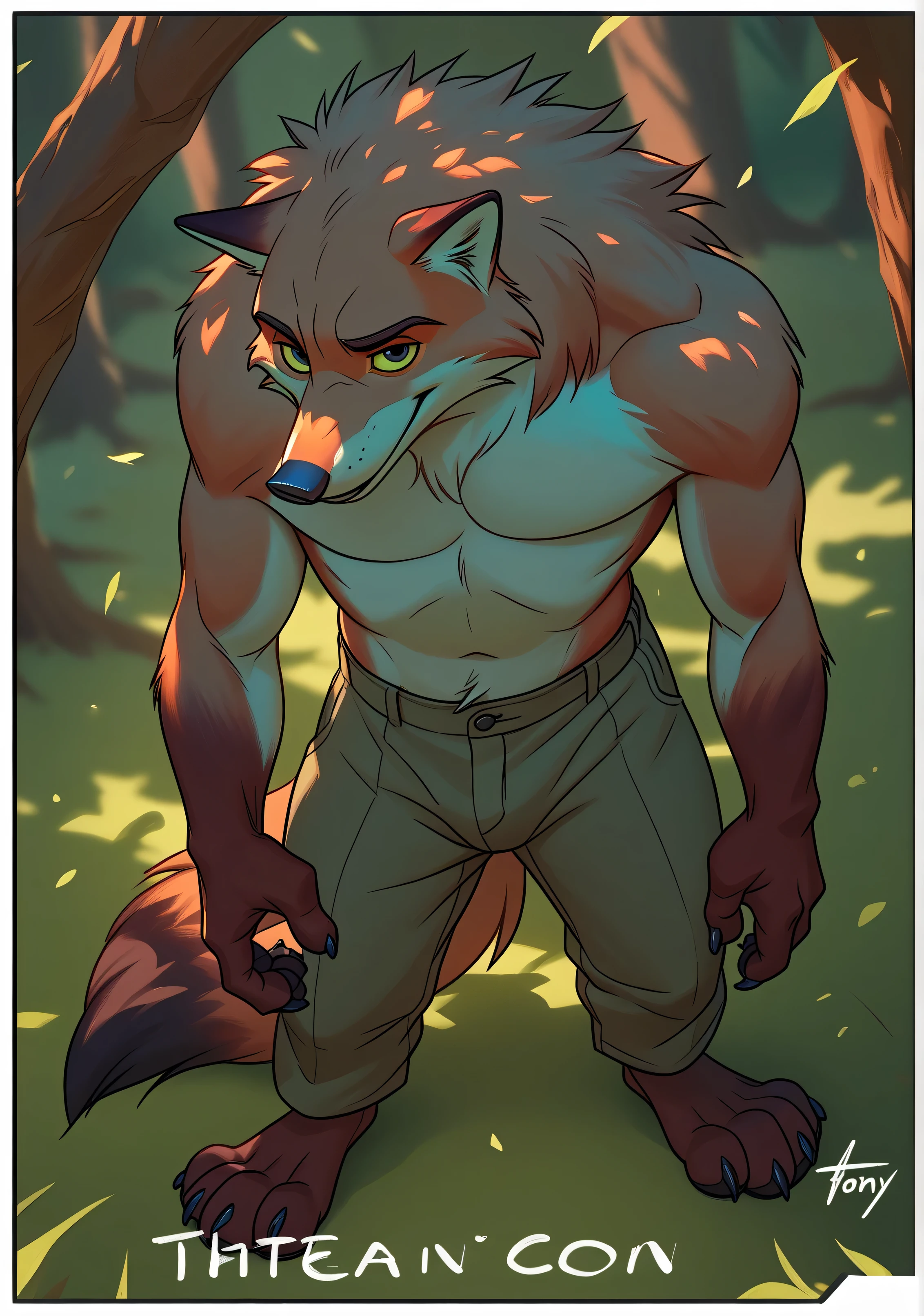 By tom lovell, male anthro wolf mid transformation, solo, masterpiece, best art, black boxers, detailed hands, forest, shocked expression, night, moon, looking at hands, muscular, body hair, snout, detailed fur, partially human