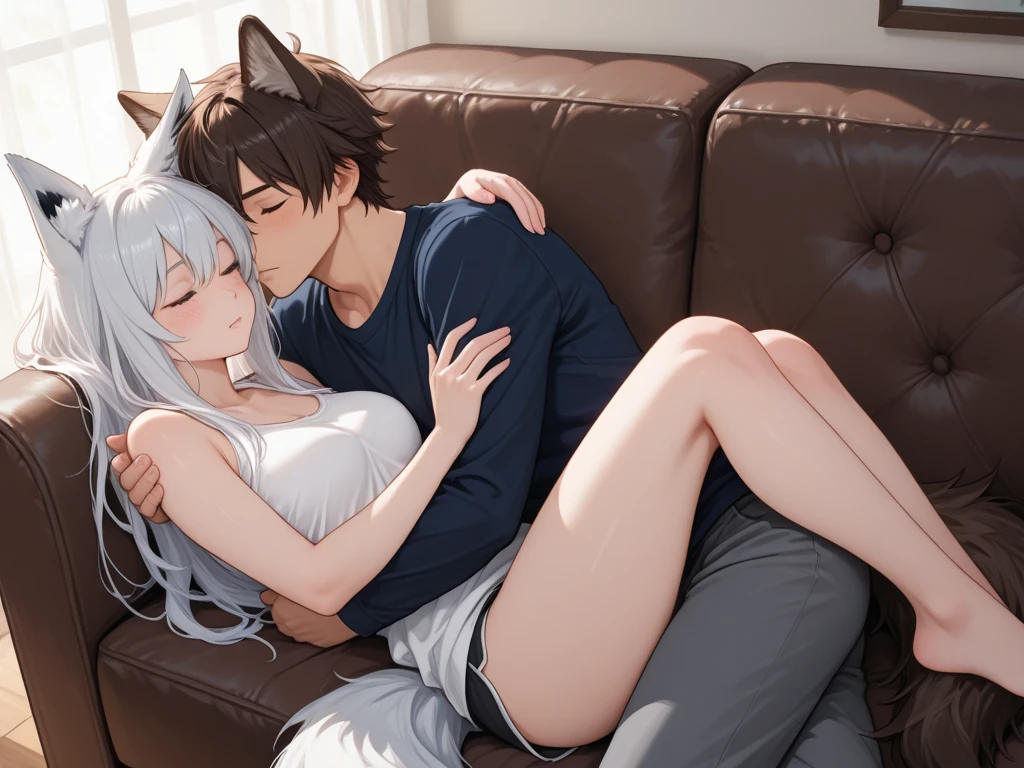 Pareja, couple, hombre raza demonio y mujer raza Fox, chico con cuernos de demonio negros, pelo blanco, ojos rojos, mirada desafiante y rostro masculino, ropa casual.. chica con orejas de fox, pelo largo plateado, ojos rojos, mirada avergonzada y rostro femenino, ropa casual..[Situation]: lying on a bed she is on the, (obra maestra de anime TV)