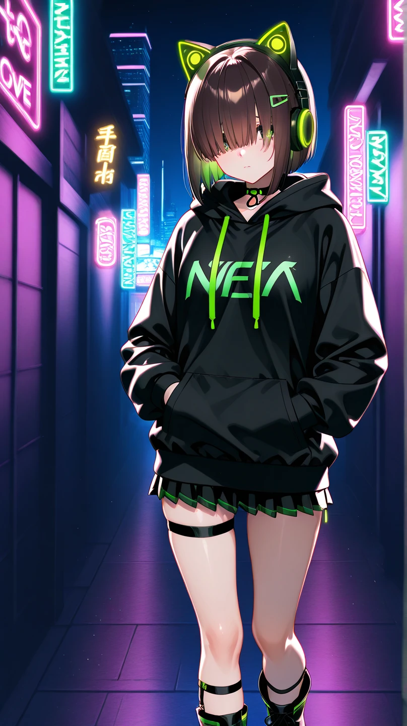 Extreme low angle, full body (8k, RAW photo, highest quality, masterpiece), High detail RAW color photo professional close-up photo, (realism, photo realism:1.4), (highest quality), (best shadow), (best illustration),surreal face, blue eyes, girl long neon green hair, wearing short hoodie head set, long Tartan plaid Skirt, tight high socks,  hiding a hoverboard, tokyo night, neon, neon pink, neon blue, neon lime green,