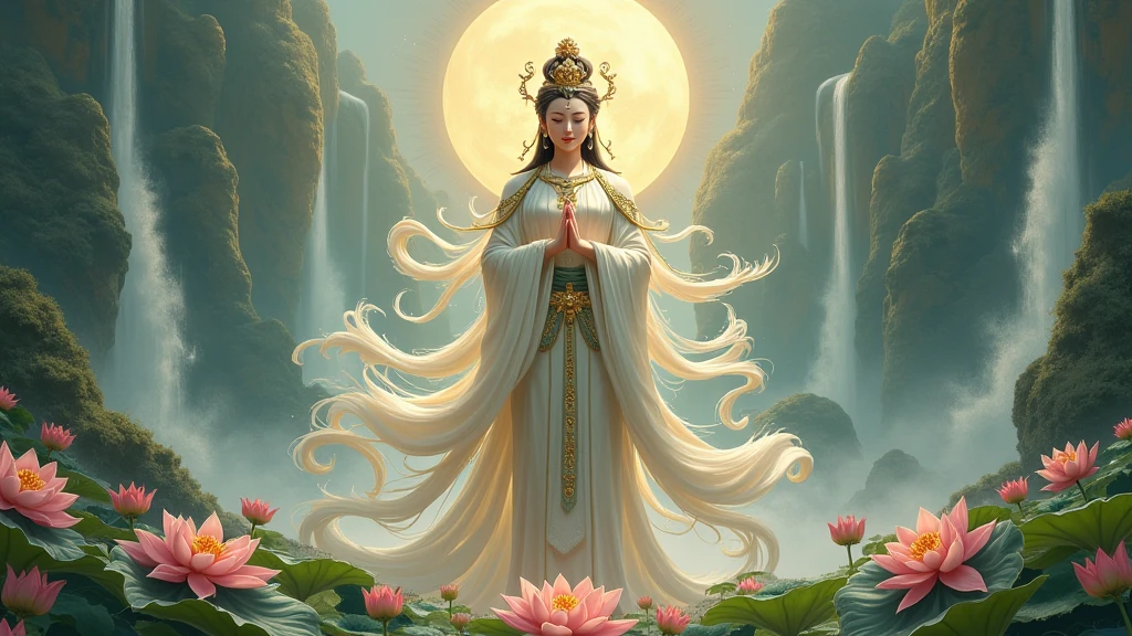 In the void there is a beautiful goddess Z sitting on the platform,Young teenage girl,Goddess in white,Fair skin is delicate and smooth,Radiant skin,A delicate crown,inlaid gemstones,Yingluo,Sit on a bed in the air,White clouds surround the five-colored treasure mountain,Drag a orb with one hand,The other hand extends the palm,white skinned,White clothing,baiyun,Blue sky,Head background with round light,There is a five-color circle behind him,Color glow is turned on,Front lighting,Positive light,No shadows on the face,There are no shadows on the body,Blue sky,Unreal space,ethereal world,dreamworld,with blue sky and white clouds,tmasterpiece,4K,ultra-definition,professional photoshooting,