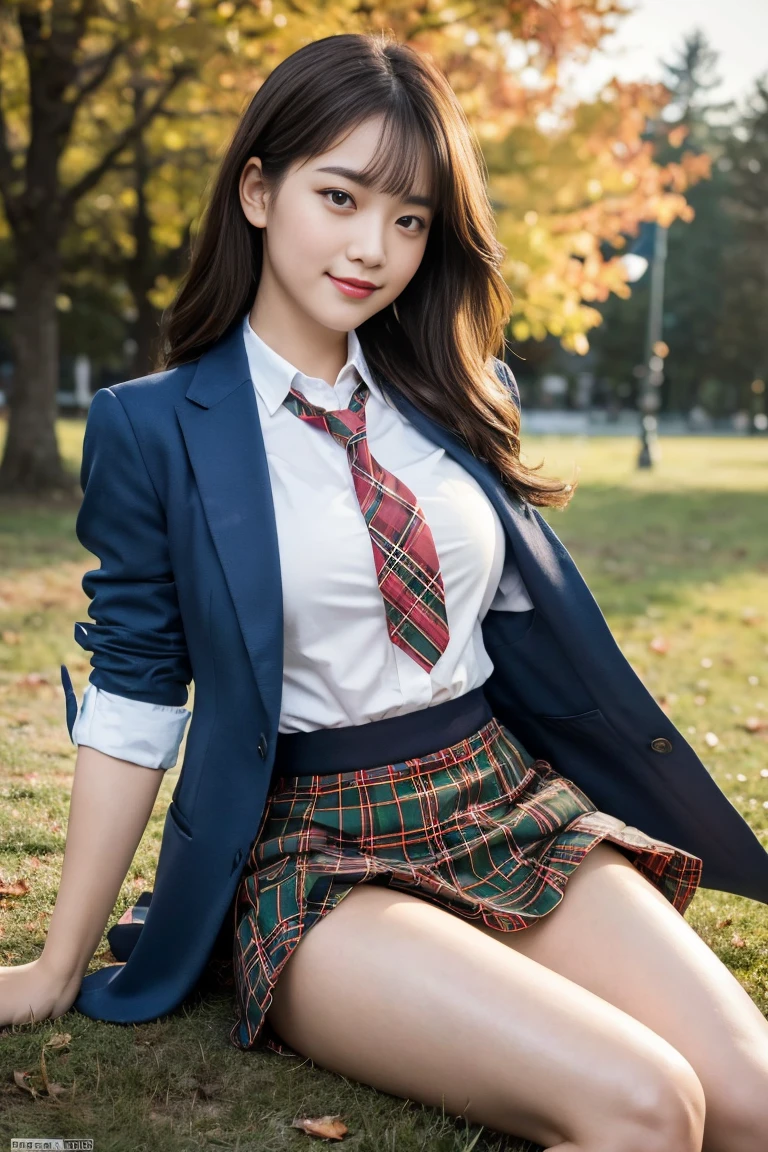 (8K), (highest quality: 1.2), (realistic), (realistic: 1.37), ultra high resolution, 1 girl, cute, angry face, closed mouth, beautiful details, beautiful nose,beautiful hair,ponytail,thighs,university uniform,A simple dark blue satin blazer,Satin White Blouse,A bow tie,pleated skirt,School,Cherry blossom trees in full bloom,(The skirt and tie are a tartan check pattern using navy blue, emerald and grey..:1.3),(The plaid pattern on the skirt is a little small..:1.2),(opaque black thigh high socks:1.4) ,sit and cross your legs,thighsにクローズアップ,look away,