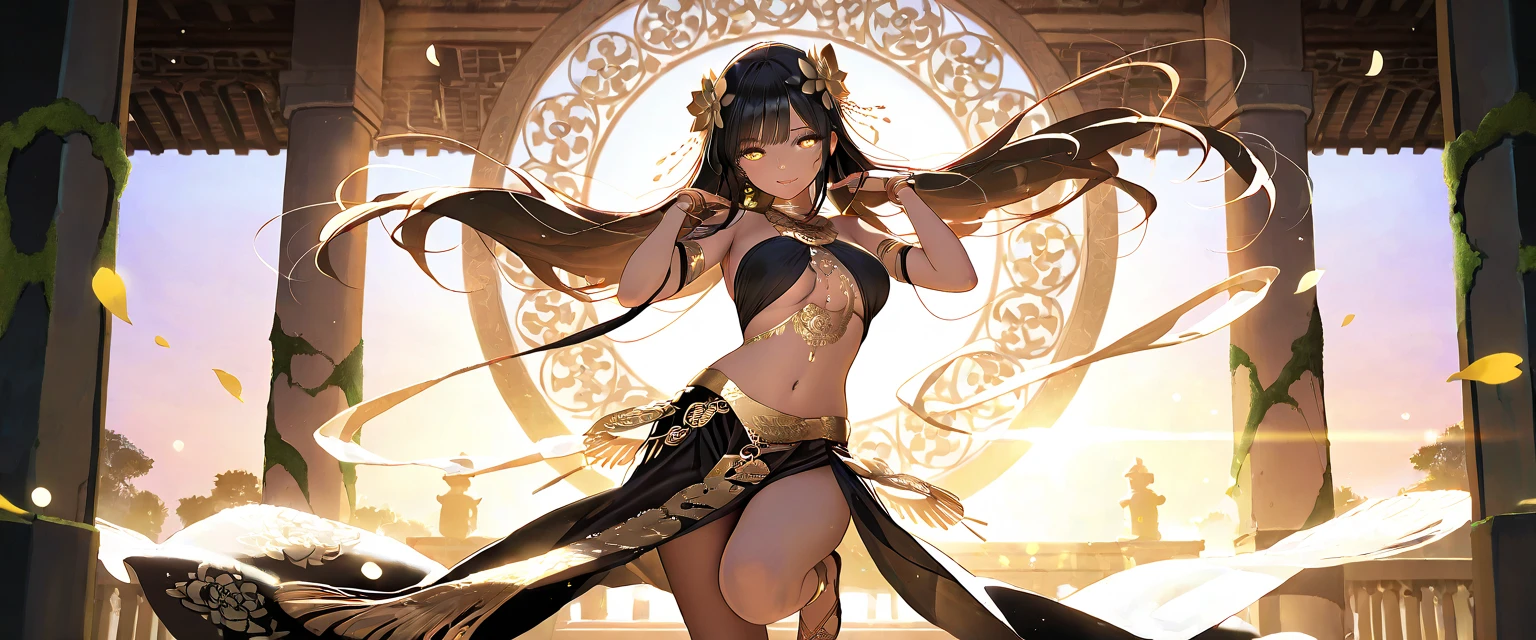 medium short hair, black hair, medium tits, tearful mole, earring, whole body, gorgeous belly-dancer in jewelry-dress, white marble castle with golden ornates, Transparent white hanfu golden ornates, gold jewels,