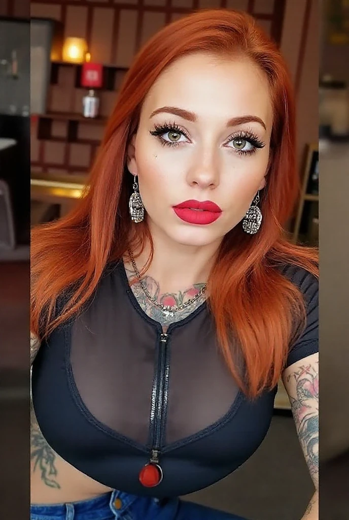 Red-haired woman with green eyes and fleshy lips with tattoo wearing a red dress (corpo inteiro aparece)