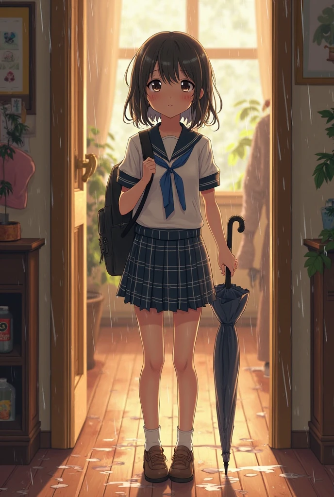 1 Girla、12 years old、have an umbrella, mini skirt and 、Detailed face、Detailed Hair、Clear skin、happy smile、teeth, (fullbody shot), back view, back shot, looking back at viewer, cute girl, cute hip, (booty pose), after the rain, Walking down a narrow alley, big umbrella, (wet hair, wet body),
