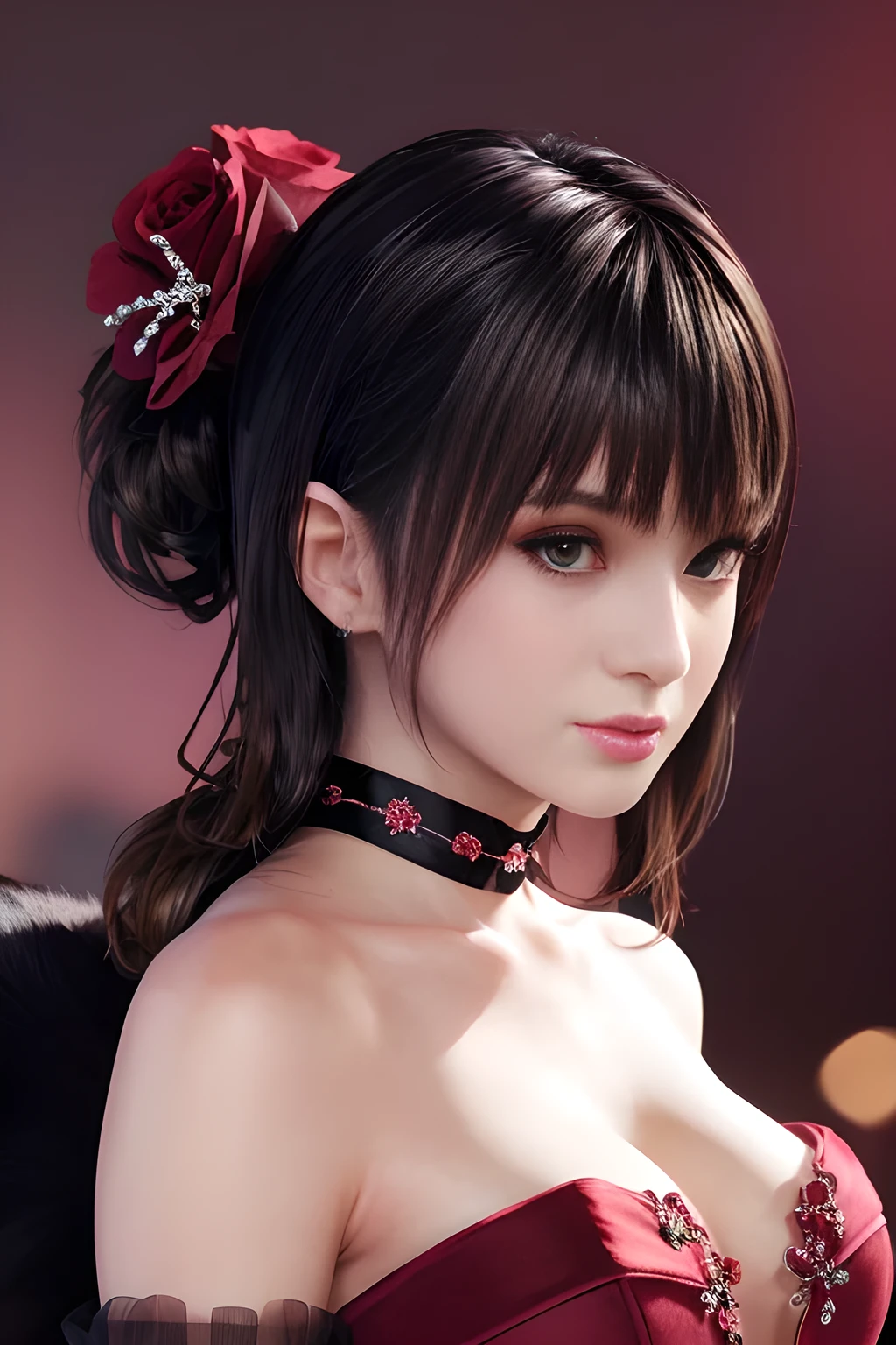 masterpiece, best quality, TingyunV4, 1girl, solo, looking at viewer, blush, smile, open mouth, cleavage, bare shoulders, red ribbon, (realistic bimbo)c close-up