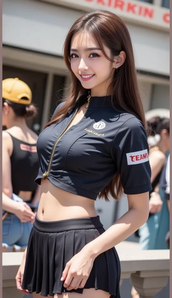 Tabletop, Highest quality, shape, Very detailed, In detail, High resolution, 8k wallpaper, Perfect dynamic composition, Beautiful attention to detail,Long Hair、smile,20-year-old girl、cute、A sexy look for the camera、Private Server、Big Breasts、A big bust that seems to burst、Brown Hair、Super long hair、Private Server、T-Shirts.In town