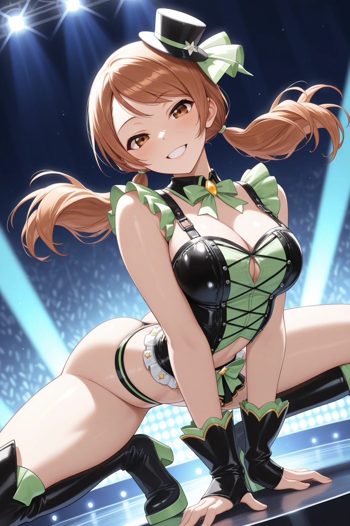 Minami kotori, tight, huge breasts, Blushing, (strapless leotard:1.2), pantyhose, sitting on table, crowded bar, smile, cowboy shot, from behind, thicc ass, wedgie