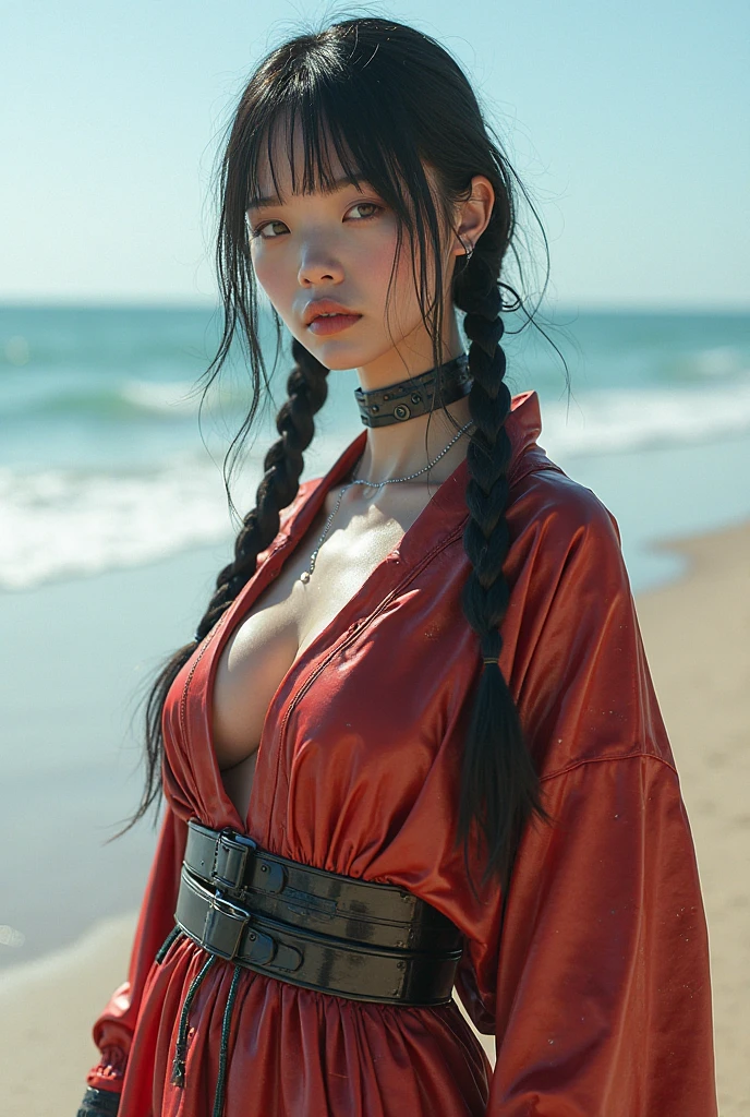extremely beautiful Hawaiian girl, glossy eyes, ponytail, small tattoos on chest, subtle makeup, photorealistic, high contrast, 8k HD, detailed, hyper-detailed, realistic skin texture, oily skin,long hair, crop top, side slit, long sleeves, large breast, best quality, ultra high res, raw photo, dramatic lighting, unreal engine, diffuse glow, dynamic pose, outdoor, realistic detailed pirate ship,