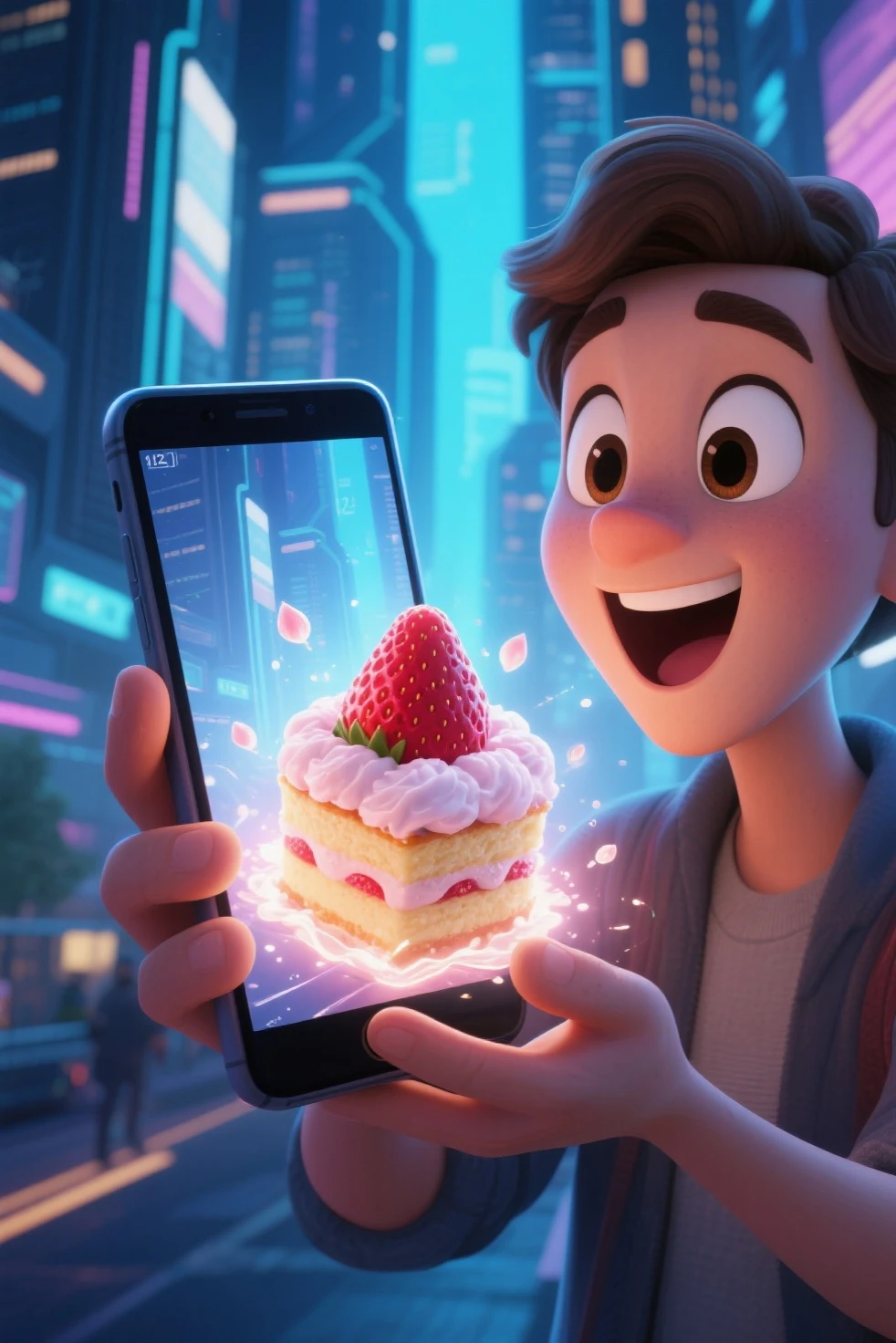 (best quality,8k,highres, masterpiece:1.2).(cartoon style),(no humans),ultra-detailed, HDR, UHD, studio lighting, ultra-fine painting, sharp focus, physically-based rendering, extreme detail description, professional, portraits, concept artists, dramatic lighting,A futuristic cityscape in the background, where a person is holding a smartphone with wide eyes and an excited expression. From the screen, a fluffy strawberry shortcake is emerging, glowing softly. The atmosphere is high-tech yet magical, symbolizing the transformation of digital sweets into reality.