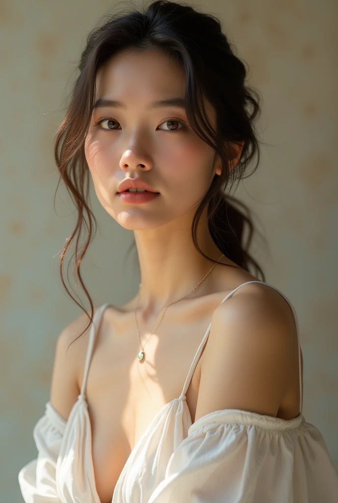 high resolution、A transparent Japanese woman、Ima-ish、Elegant、White Shirt、looking at the camera、body is angled、smile、Moist and shiny hair、Thready hair、cute、Brown Hair、Beautiful young woman who looks like a model、Leaning against a wall、Big eyes、Glossy makeup、Outline of an inverted triangle、Pulp lips、face is slanted45Every time、Straight hair that fits the face、The tips are heavy、Beige short-sleeved sheer top that covers the chest、Hide your chest、Attractive features、Big eyes、Straight hair with no curls、Beautiful woman、small gold earrings