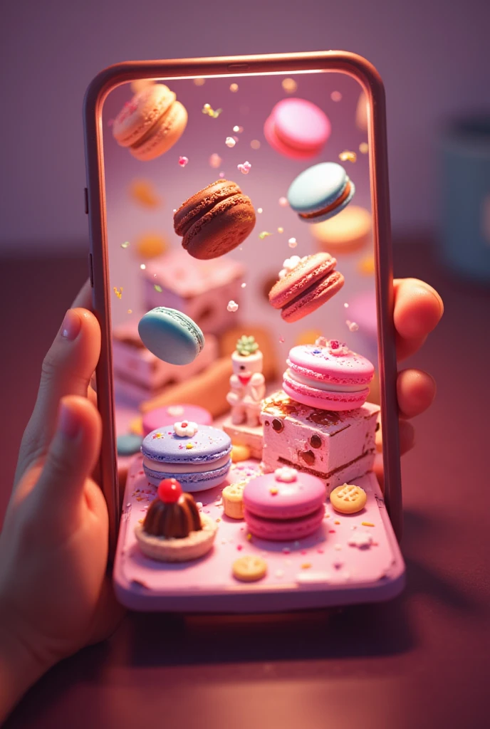 (best quality,8k,highres, masterpiece:1.2).(cartoon style),ultra-detailed, HDR, UHD, studio lighting, ultra-fine painting, sharp focus, physically-based rendering, extreme detail description, professional, portraits, concept artists, dramatic lighting,A smartphone with its screen acting as a portal to a miniature dessert shop from another dimension. Various colorful macarons and chocolate cakes are floating out of the screen, filling the air. The person watching is reaching out joyfully, surrounded by a whimsical, dreamy glow.