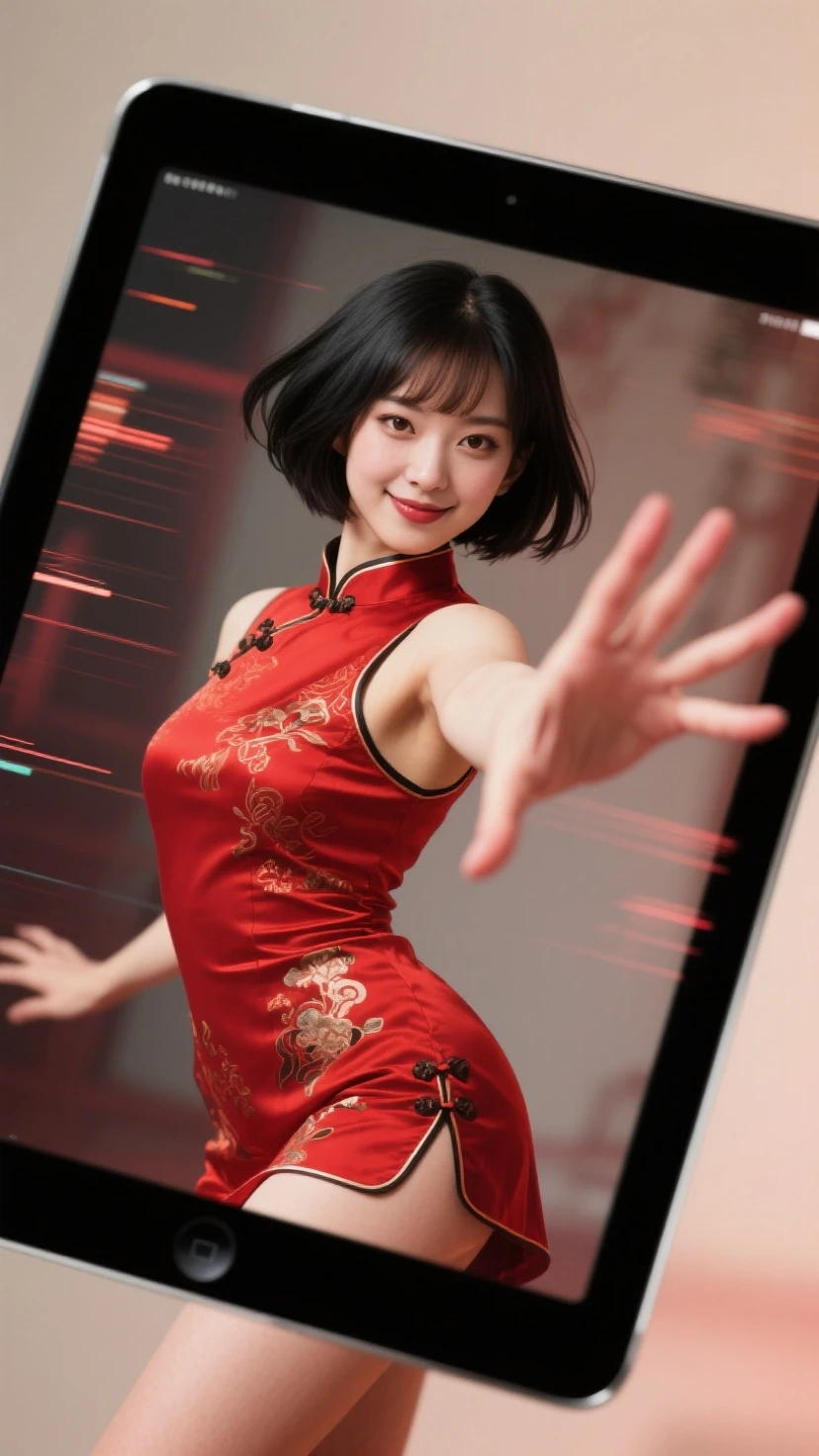 In this masterpiece, the central female character (Japanese dancer) 
(off-screen, interfering with the real world, going beyond the display), 
((tablet screen, hand extending from the screen, cinematic lighting, soft focus, grainy texture)), (((noise, glitch, static))),
1girl, upper body, looking seductively at the viewer, black hair in a bob, brown eyes, seductive look, seductive smile, wearing a red short qipao for exotic dancing, reaching out to the viewer, angle,