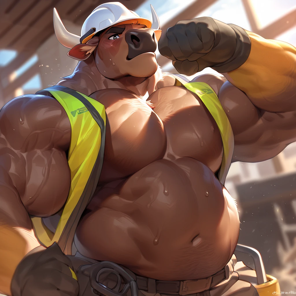 Male bull, messy blond hair, bic muscles, big pecs, janitor uniform, brown fur, dumb smile