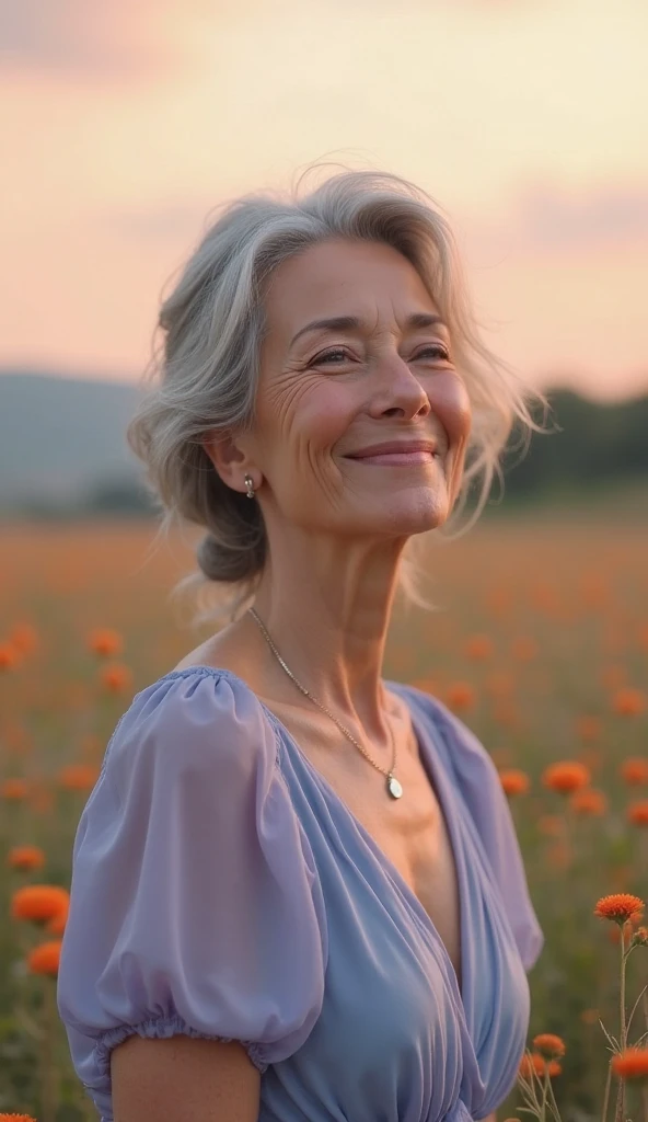 60 year old woman, Looking at the sky, smiling ,pink mouth,gray braided hair, loose printed blue chiffon dress, jogging on a path of poppies, clear water stream sunny atmosphere