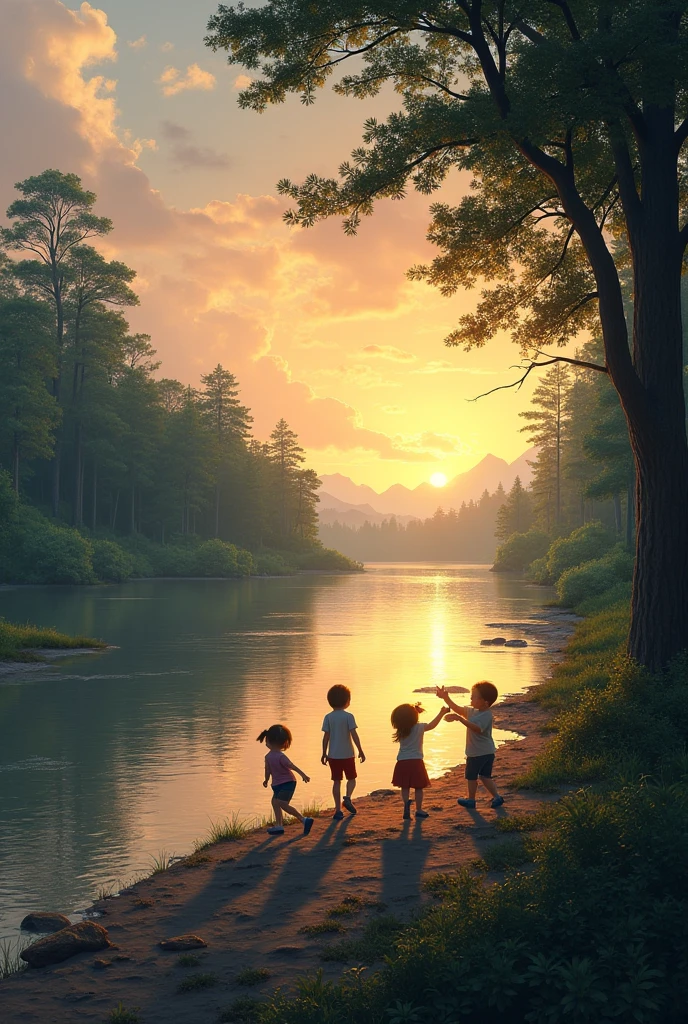 **drawning**: The swamp is full of water again, and the children are playing and running around him. The açaí trees are already big, with bunches of fruit hanging from the trees. The scenery is cheerful, with birds flying in the sky and children smiling, some diving into the marsh waters.