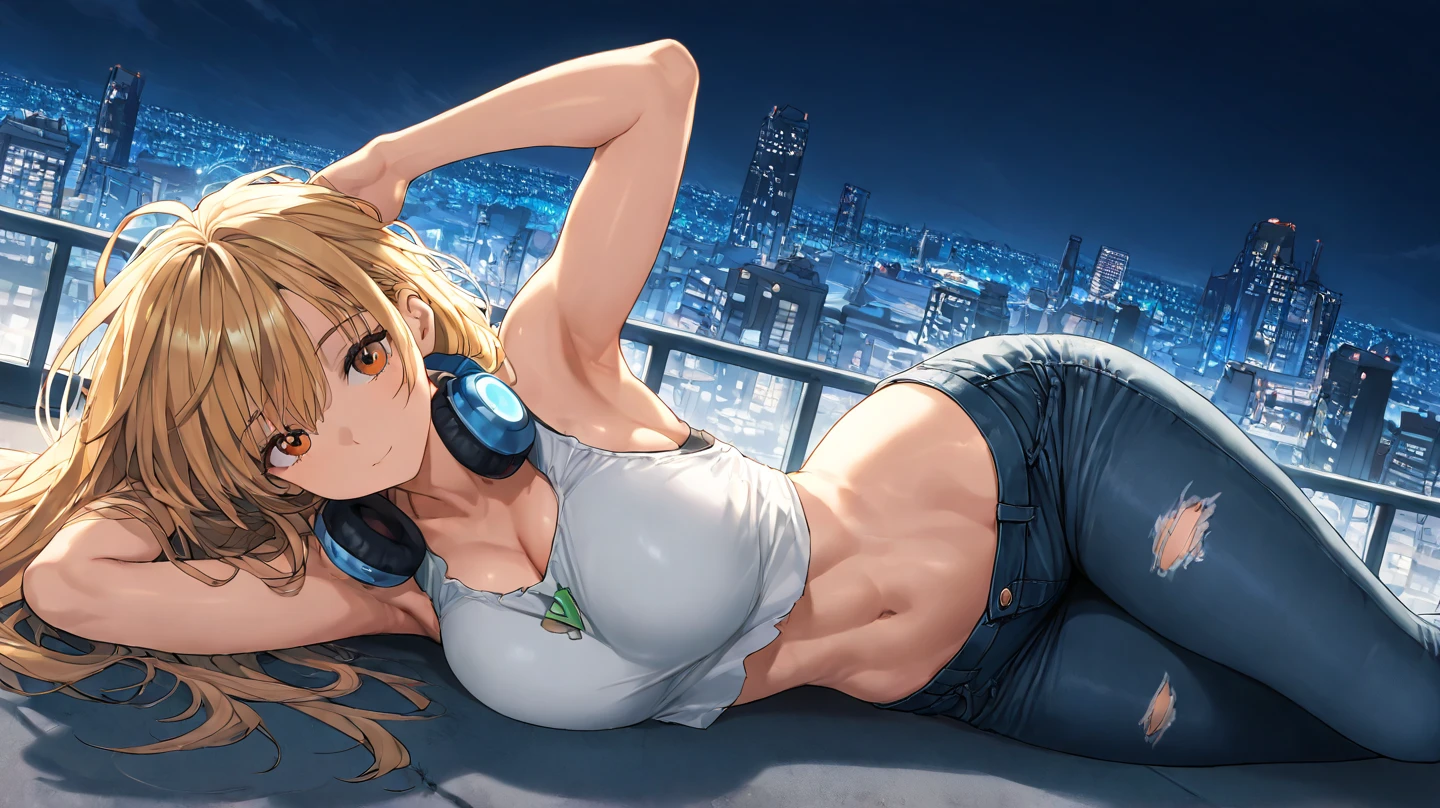 An anime-style busty girl with a slender waistline, wearing a loose off-the-shoulder camisole that tastefully reveals a hint of cleavage. The cropped camisole rises above her navel, providing a glimpse of her toned midriff. Her hair is tied back in a ponytail. She is seated on a yoga mat in the proper cross-legged Sukhasana meditation pose, hands placed palms-up on her knees with a straight upright spine. White headphones rest on her head as she focuses inwardly with mindfulness. Below the waist, she has on tight yoga pants that hug her curves, accentuating her shapely legs and backside. The room has potted plants and a view of the Tokyo nightscape through a window, the full moon visible in the night sky. A single thick candle provides warm cinematic lighting that casts a soft glow. The overall aesthetic blends lofi anime art with a nightcore vibe, rendered in high 4K resolution with excellent detail.