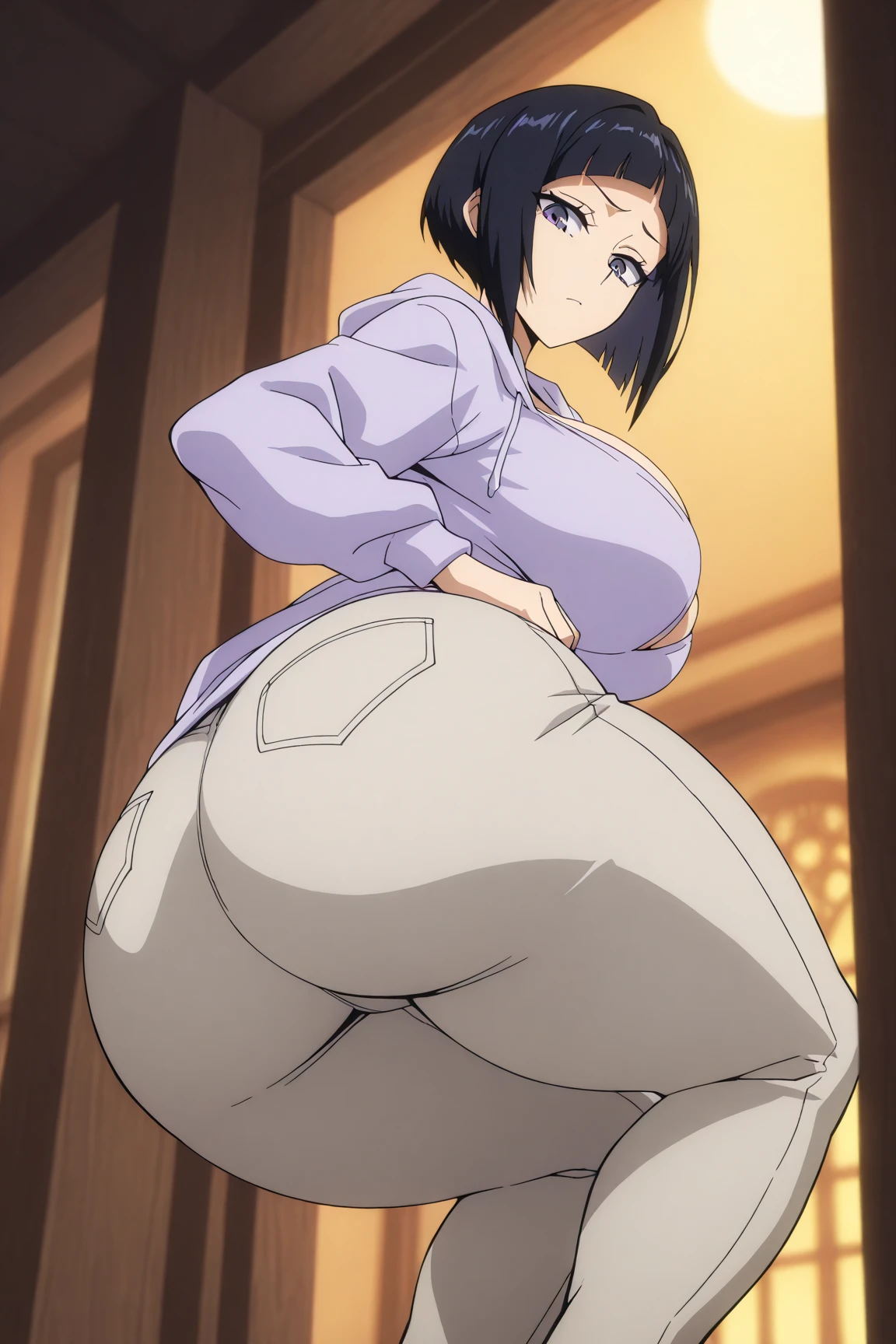 Anime woman enormous bloated diaper mess, huge breast, huge pregnant belly , white bra, back end, sitting