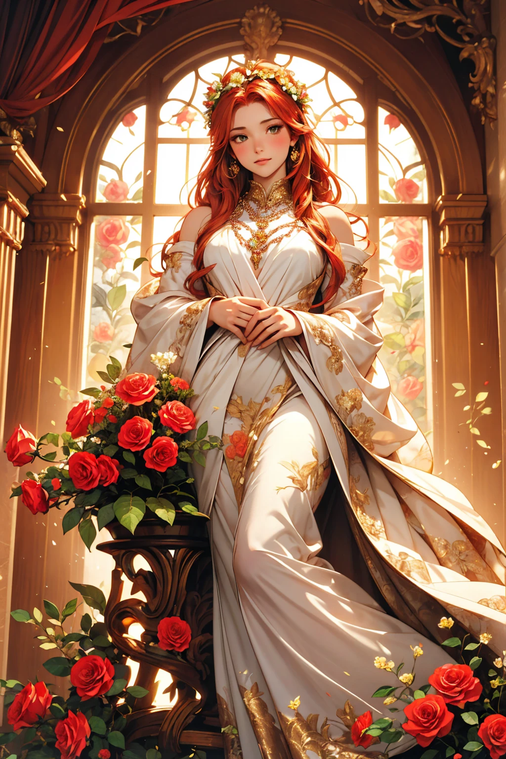 (Best Quality, 4k, 8K, high resolution, Masterpiece: 1.2), a woman with fiery red hair cascading down her shoulders and vibrant red lips curved into a seductive smile, large breasts accentuated by her warrior outfit, a slim face framed by high cheekbones, and captivating purple eyes; she sits majestically atop a golden tiger, its fiery mane blending seamlessly with her hair, in her hands she cradles a luscious bouquet of red roses, their petals unfurling delicately against the vivid golden background.
