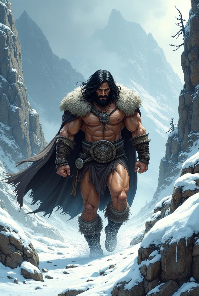 Mighty warrior, shirtless upper body, legs exposed from thighs to feet, cascading long curls, detailed muscular physique, lifelike depiction, 4K resolution. Background: Snow-covered mountain peak,32k uhd, best quality, masterpiece, super detail, high details
