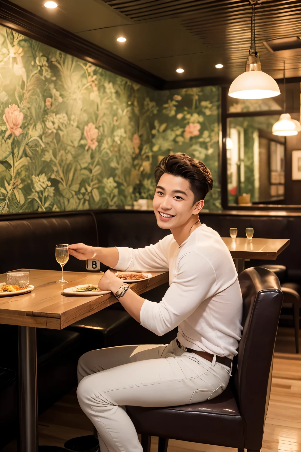 young man sitting casually on an orange tufted leather sofa in a cozy, warmly lit restaurant interior. He is wearing a maroon sports jersey with white sleeves and blue jeans, holding a smartphone in his right hand and smiling gently. The background includes a stylish wall with dark floral wallpaper, artificial green grass panel, and a wooden panel beside it. On the right, there's a wooden table with a plate of pizza and cutlery. The setting has a modern, comfortable ambiance with recessed ceiling lights and a visible air conditioner above. The camera angle is slightly tilted, capturing a candid side view of the person relaxed and leaning back.realistic, candid, warm lighting, cozy restaurant, casual atmosphere, side profile, modern interior, natural pose
