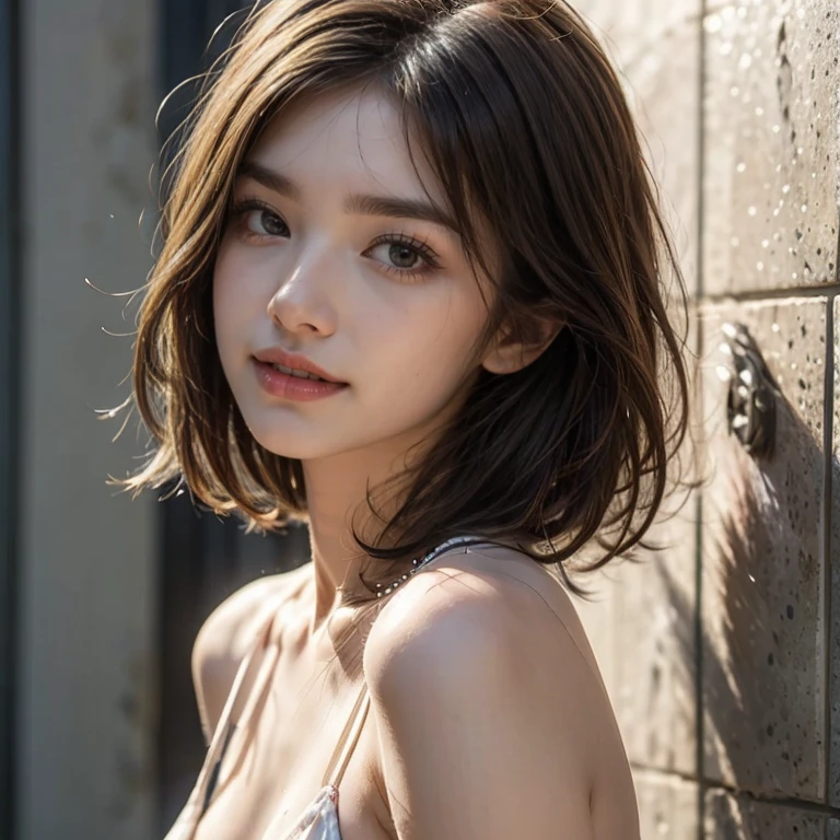 ((top-quality、8K、​masterpiece: 1.erfect Body Beauty: 1.4、Slender Abs: 1.2、Beautiful woman with slender abs:1.3、(Highlight Haircutreast B Cup:1.2), medium breast, round shape breast, perfect shape breast, ((  sexy , sheer )), necklace, hyperdetailed face、18year old、 Pretty women、(Dark brown short-cut hair), Slim Face、Highly detailed facial and skin texture、very detailed lips、opens legs、top-quality、​masterpiece、超A high resolution、(Photorealsitic:1.4), walked forward confidently, long shot ,  studio setup, photography steup, light from both side, background,