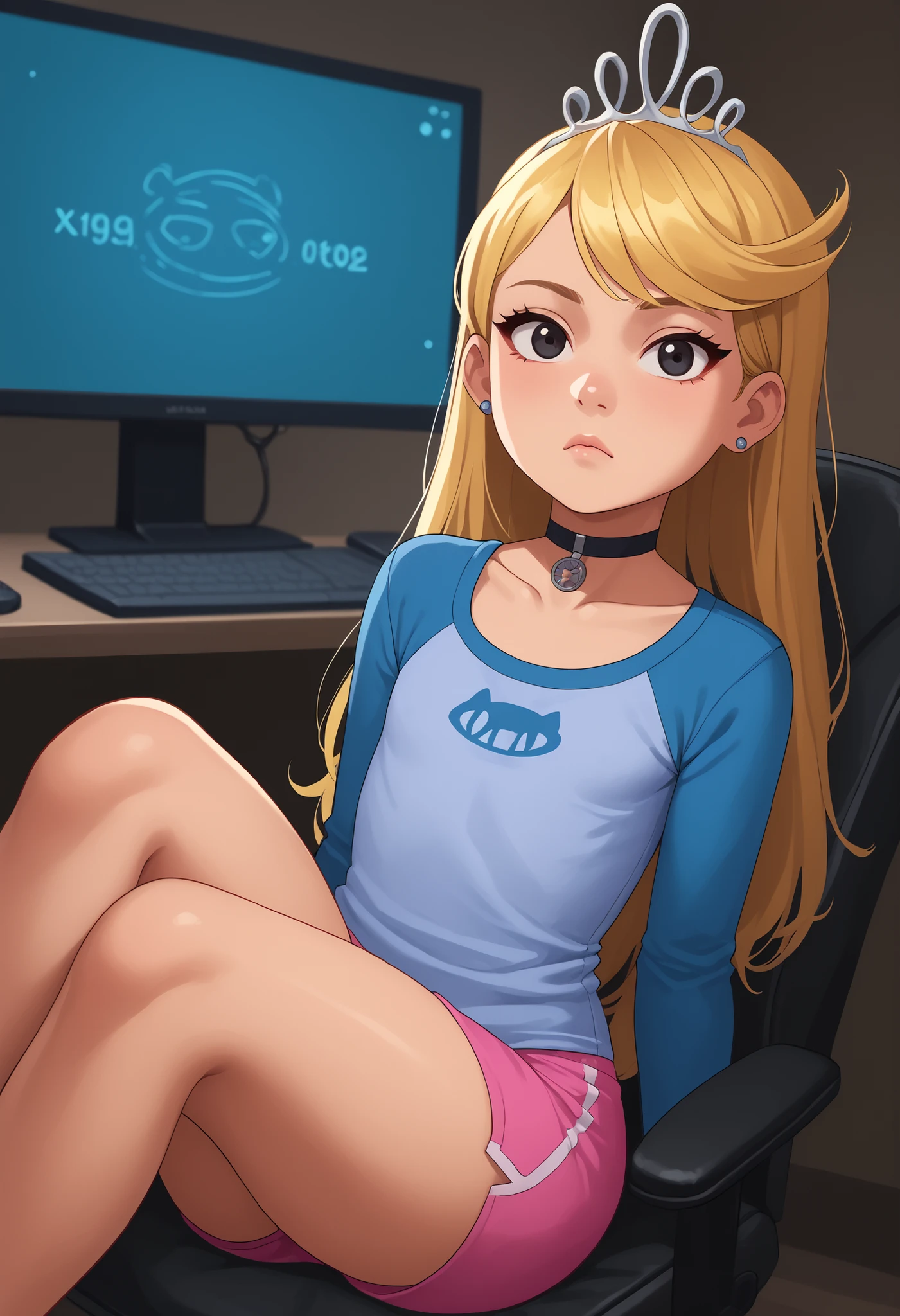 flat breasts. flat chest, skinny, huge hips, looking at viewer, 1o1a, blonde hair, tiara, Black eyes, earrings, necklace, choker. | Rating 9, Rating 8, Rating 7, Rating 6, Rating 5, Rating 4, Masterpiece, Superior Quality, Amazing Quality, Masterpiece, Highest Quality, Ultra-detailed, Dynamic Angle, Dynamic Composition, Alone, (White Frame), (((Maximum Contrast, Saturated Color, Bright Colors))), Dynamic Lighting, vibrant colors, colorful, saturated colors, high contrast, cartoonish, anime screencap barefoot, sitting in front of her computer, bright room, pajamas, shorts