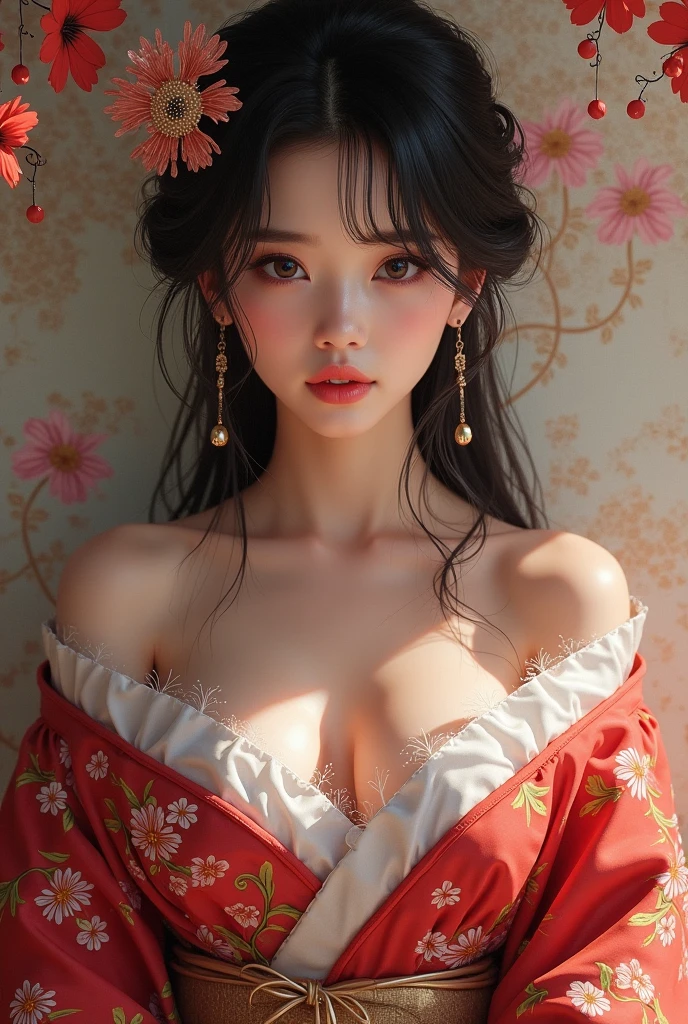 1 girl, 18 years old, ((kimono)), off-the-shoulder dress, round face, beautiful, realistic eyes, high bun, hairpin, (upper body)