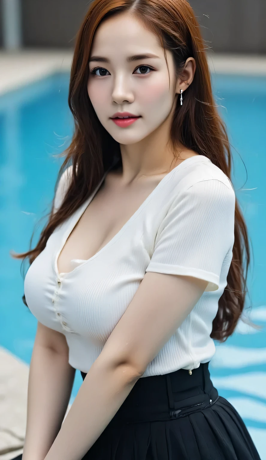 a beautiful woman, sitting tight in the pool, body facing the camera, using a transparent white short sleeve slimfit t-shirt, black knee-length skirt, big J-cup, bibir merah, tubuh basah, rambut basah, wajah menggoda