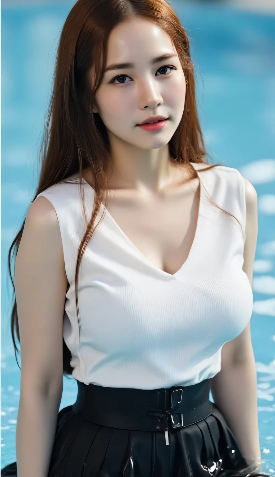 a beautiful woman,  sitting strapping in the pool, body facing the camera,  wearing a transparent white short-sleeved slimfit t-shirt, long skirt to toe pleated model black, big  J-cup,  bibir merah,  tubuh basah,  rambut basah, wajah menggoda