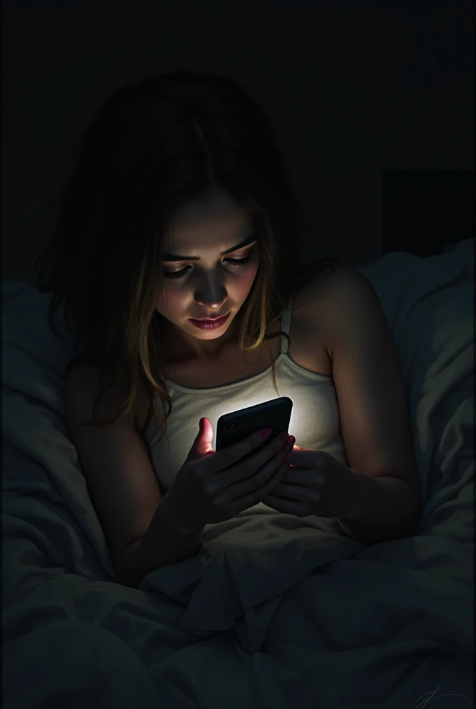 sketch drawing with pencil strokes in dark fantasy illustration style of a girl lying in bed using her cell phone