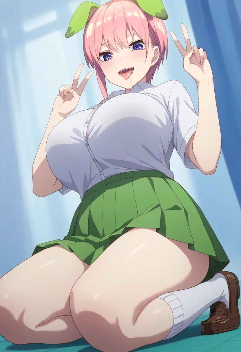 masterpiece, Highest quality, High resolution, Nakano Nino, One person, alone, Pink Hair, short hair, Big Breasts, Butterfly Hair Ornament, Large Breasts, Cleavage, Green Skirt, White shirt, Collared shirt, Open clothes, Black knee socks, Short sleeve, Skirt Lift, View your viewers, Irritation, blush, whole body, Are standing, Simple Background, Put your arms behind your head, (Sexy pose:1.4)