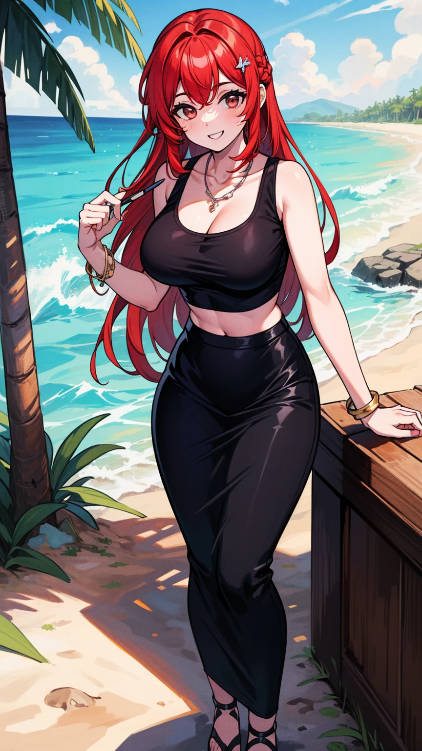(masterpiece, best quality), 1girl, beautiful woman with wavy hair, standing on the beach, red hair, average breasts, nipple, wide hips, slim body, athletic body, muscle, muscular, abs, (red sports bra, black maxi pencil skirt, very long pencil skirt), tight long skirt, sandals, (cleavage, midriff, waist, hip bones), ocean waves, looking at viewer, full body, hand on hip, messy hair, sweatdrop, very sweaty, full-face blush, light smile, necklace, gold bracelet, wide-eyed