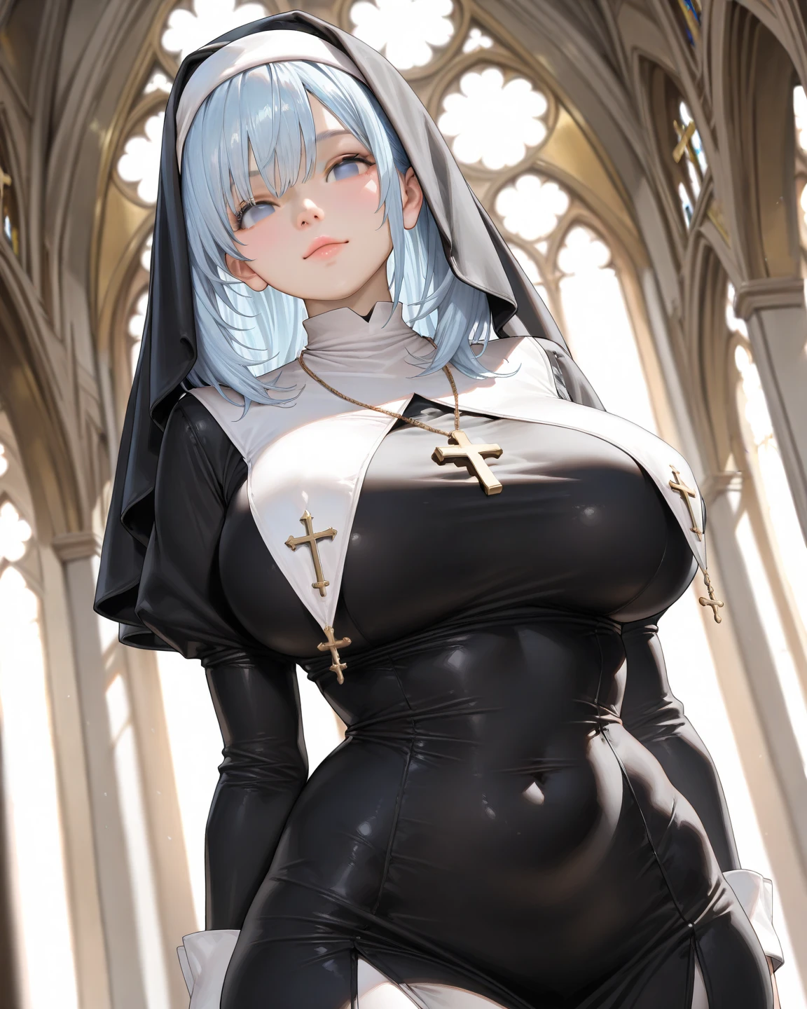 Best quality, Masterpiece, Portrait, Perfect anatomy, Femininity, Cool, Flawless, , Solo, Sexy, Stylish, Mature, Long light blue hair, Mole above lip, Red lipstick, big grul, nun look, latex outfit, in church, sexy breast piercing