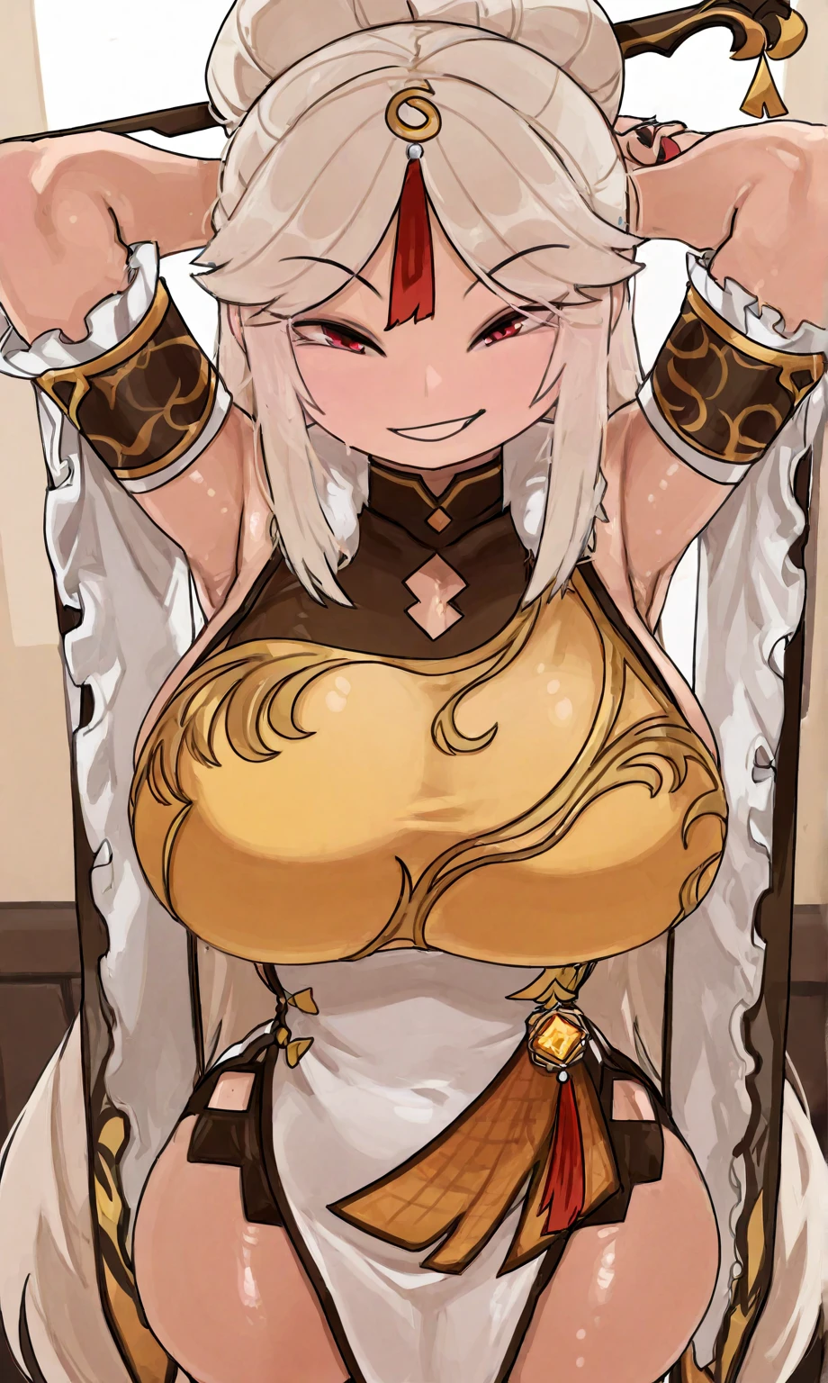 Luffy wearing his typical costume having sex with Miyabi Senran Kagura yellow eyes tall and big white hair with his Shinobi costume
