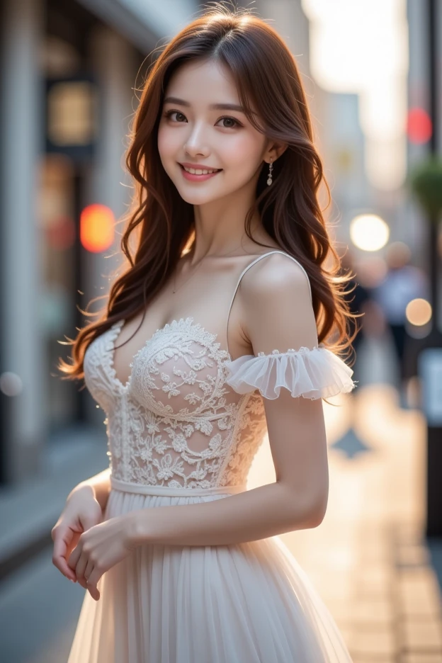 Tabletop, highest quality, figure, Super detailed, In detail, High resolution, 8k wallpaper, Perfect dynamic composition, Beautiful fine details, dress,Medium Hair,Center of chest, Natural color lip, Random sexy poses,smile,Aoyama Street Walk