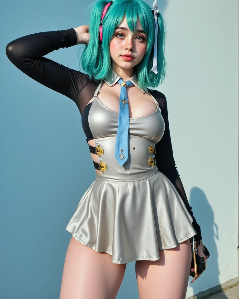 Arafed ((( 18 TEEN feminine))) there is a woman with blue hair and a choke on her neck, pale bluish skin, pale blue skin, anna nikonova aka newmilky, with blue skin, smooth blue skin, pale blue eyes, she has pale blue skin!!!, cyborg - girl with silver hair, realistic cosplay, dreamy cyberpunk girl, translucent body, cute cyborg girl, 🤤 girl portrait, ((Masterpiece)), (Best quality), (Detailed), (1girl), (Internal data flow) Light blue gradient hair, light blue glowing eyes, short wavy hair, Stunning fauzia, super high quality, raw photo, masterpiece ultra realistic, photorealistic, 8k, ponytail, satin flowing dress, pajama, droopy breast, ((wide hips, thick thigh, protruding ass)), ballroom background detailed, perfect hourglass figure detailed, perfect lighting, photorealistic, cowboy shot. clothes on ((different dress))) ((school girl uniform)) (((legs speard apart)) ((school photo shoot)) ((sex teacher))) ((((bright blue eyes )))) (((front view))) ((cleavage showing as she craws toward you)))