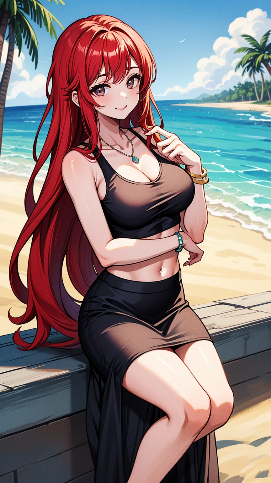 ((masterpiece, best quality, ultra-detailed)), 1girl, beautiful woman on the beach, smiling, blush, wearing black beach bra and maxi pencil skirt, necklace, bracelet, wavy red hair, leaning forward, summer, beach