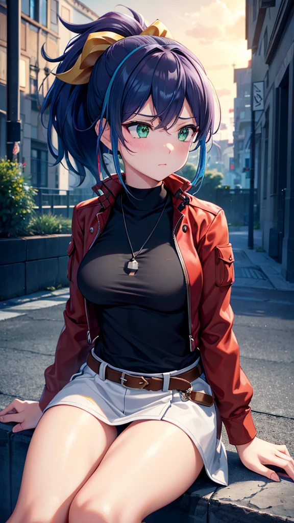 1 Female,High definition,high resolution,Ultra-realistic,8K, aaserena, yellow ponytail, ((multicolored hair)), red jacket, black shirt, belt, white skirt, tight skirt, miniskirt ,jewelry,European,sexy,Upper body close-up,Photographed from the front,Dynamic Angles,blush, medium , happy, wink the eye,facial, sweat,multicolored hair ,(wide thighs:1.4),(black panties),(show panties)