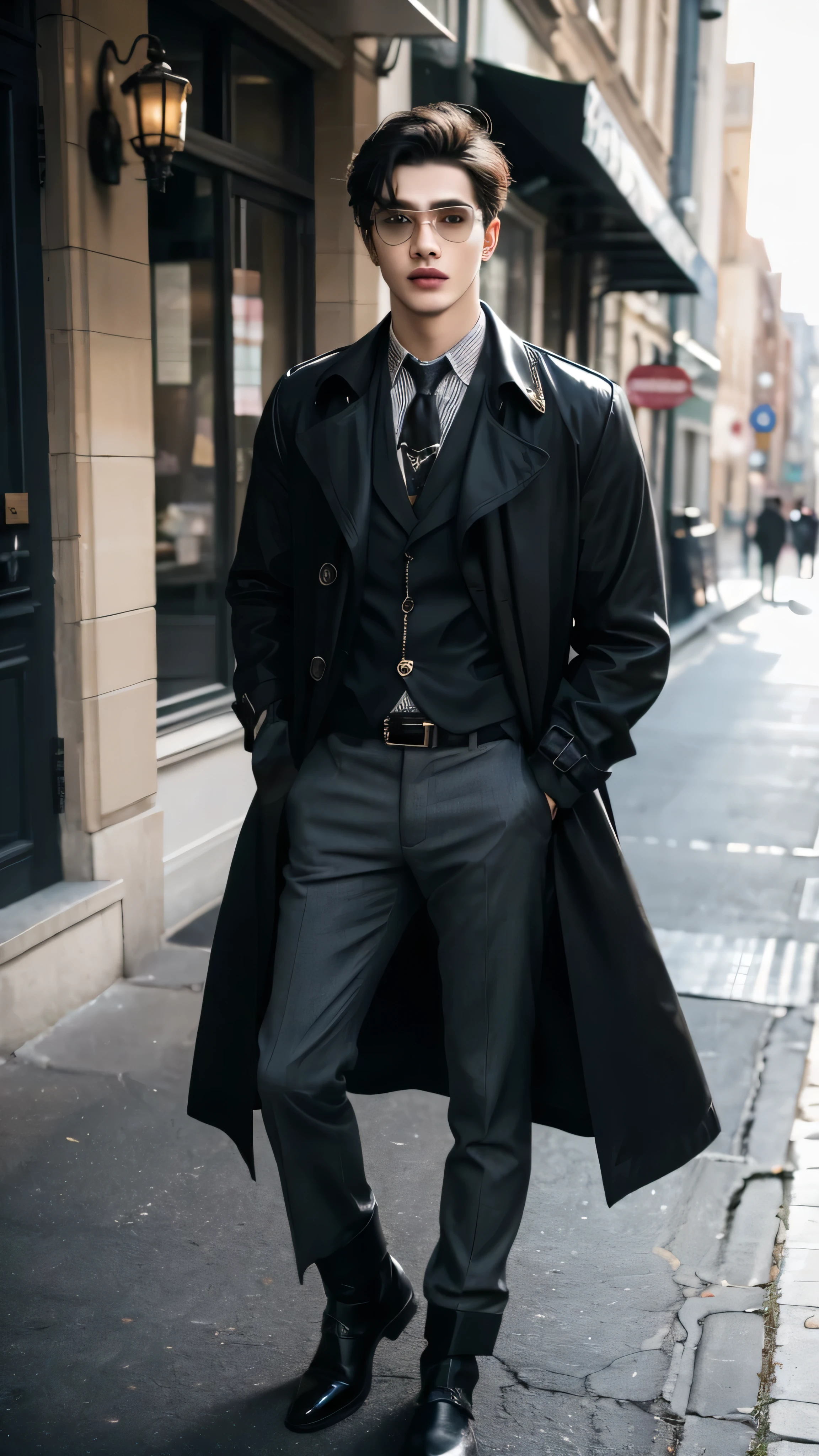 ((highest quality, 8K, masterpiece: 1.3)), empty city street, Handsome boy in street fashion:1.5, ((25-year-old man)), well-groomed face, black hair color, thin face, (white skin:1.5), (((upper body))), black eyes, Super handsome, sexy eyes, Extra-fine face, handsome nose, small eyes and face, High resolution, detailed mouth, super slim, wearing a nice button-down shirt and black trench coat, wearing black boots, (((boy))), wearing steampunk gear goggles