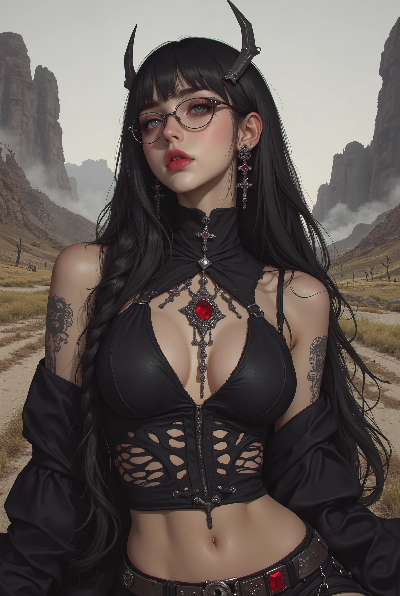 ( Highest Quality, best illustrations,high definition:1.2), (Horror Fantasy:1.5), (ink and watercolor:1.5),(Ominous Scenery :1.5),(A lot of dust rises:1.5),( Dirt Track :1.5),(wonderful:1.5),(masterpiece:1.5), (Powerful figures:1.1、Big Breasts:1.3) 、 ((((glasses、Closeup Shot, cute、 Red Eyes、 Evil Ruby's Cursed Necklace )))),(((glasses、Big Breasts、 braids)))、 cute face, Raise your eyebrows , ,(Fatal Beauty, charming beauty ) ,(Mysterious Charm:1.1),(Big Breasts、attractive silhouette), HD texture 、High quality shadows、 beautiful and delicate face 、 A beautiful, delicate, sticky liquid drips from my eyes 、 ray tracing 、 20th Generation、 cute K-POP girl、( The Face of Korea )、Thin face、( Ulzan-6500-v1.1:0.6)、 Face of Pure Loss _v1 , ( beautiful and delicate face , Beautiful and delicate eyes, perfectly balanced face , high definition skin , detailed skin, The optimal ratio is 4 fingers and 1 thumb :1.25)、 DSLRs、 beautiful devil woman from hell , charming girl , Real Girls, Gurwitz, Gurwitz-style Artwork , Girl Roleplay, Realistic 3d style, cgstation Popular Topics,, 8K Portrait Rendering by Mr. Nomi ,(truth,truth:1.4,glassesの少女:1.2)、cheek、 glossy lips, 1. オーバーサイズ comments: comments、 Choose an oversized design that covers shoulder to knee.。Navy blue or black is the standard color.、[ Soft khaki or beige , wait.、Choose a color that suits the season。 2. Pick the color that suits your skin : To protect yourself from the cold、 Pick the color that suits your skin、 ニットの質感と色を commentsに合わせてください .。 3. ワイドレッグ pants: pants, choose a wide leg design 、Combines mobility with style。Dark tone denim or black pants look great.。 4. knee-high boots: オーバーサイズ commentsに含まれるもの、Boots are chic in black or dark brown.、 Gives a stylish impression 。 5. accessories: for your outfit 。 Disney 、 long necklace 、6. handbag: handbag、Choose a color that matches the shades of your outfit.