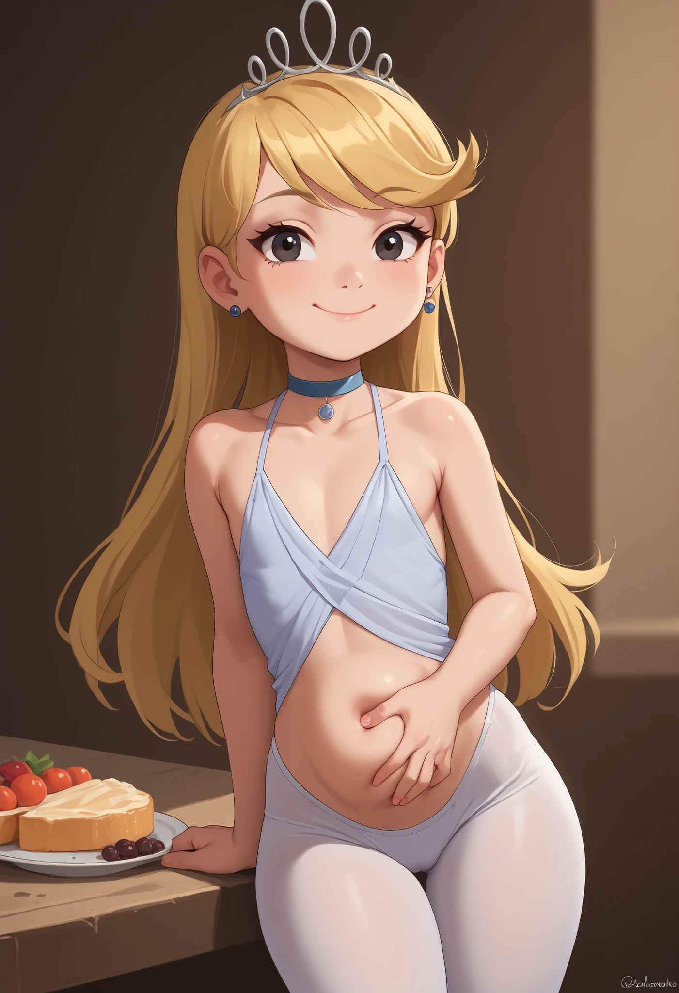 flat breasts. flat chest, skinny, huge hips, looking at viewer, 1o1a, blonde hair, tiara, Black eyes, earrings, necklace, choker. | DisneyStudioXL, cinematic, smile, cute, cartoon, cowboy shot, dynamic angle, very expressive face, palace background, sexy, seductive, standing, harem outfit, slim, flat belly, rubbing belly cartoon, masterpiece, best quality, high resolution, great detail, crisp, clear, 8k, cute face, smile, looking at down food, narrow waist, cute pose, cleavage, standing in behind a buffet table full of gourmet food, (((Left hand on belly))) , bodysuit