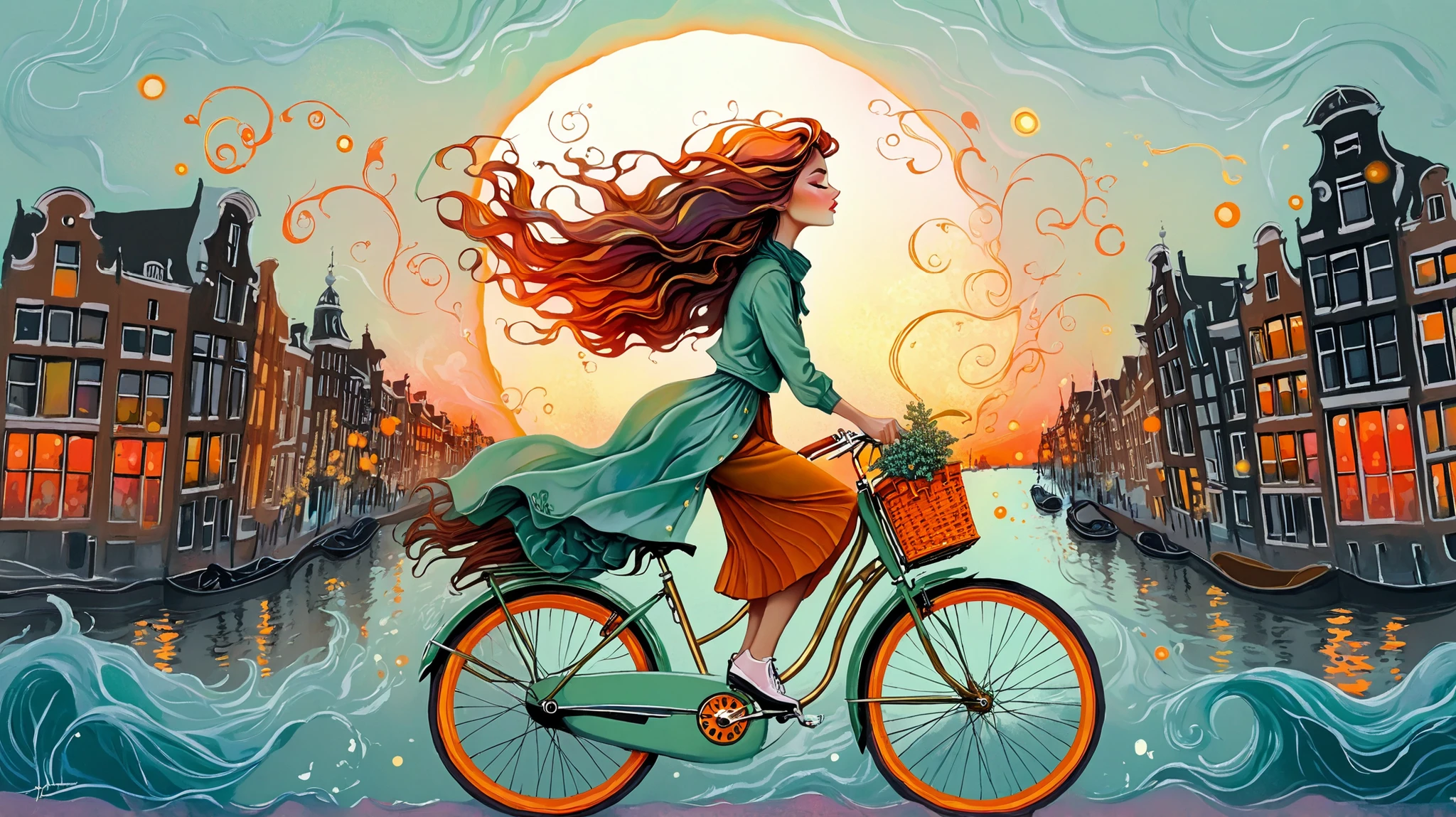 Fashion illustration, illustration, surreal fantasy, beautiful girl with long wavy hair, casual clothes, riding a mint bicycle in Amsterdam, brass color palette: Persian Green, Saffron, Deep Saffron, Mandarin, Fire Opal, sunset, volumetric lights, acrylic, fashion illustration.