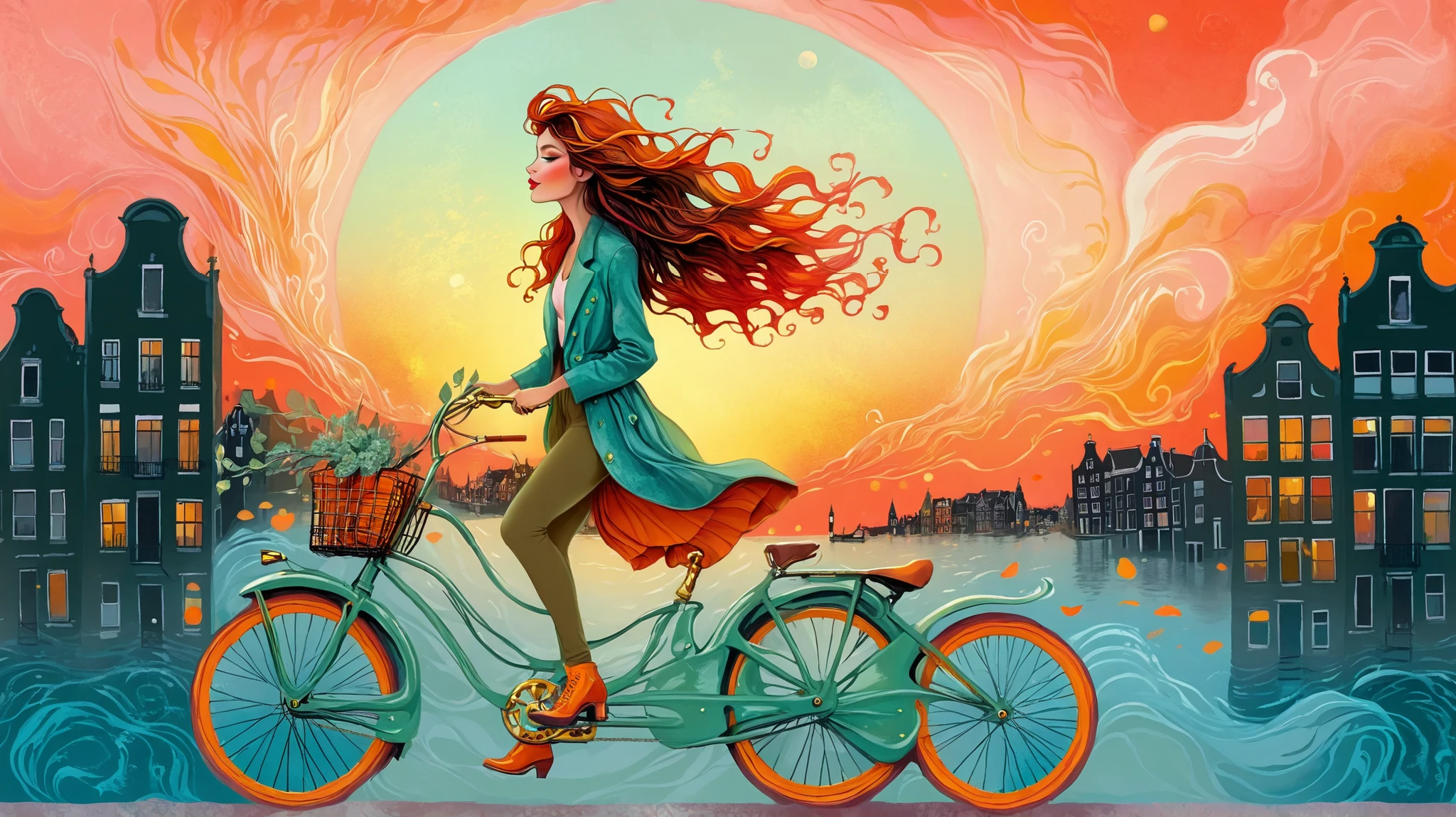 Fashion illustration, illustration, surreal fantasy, beautiful girl with long wavy hair, casual clothes, riding a mint bicycle in Amsterdam, brass color palette: Persian Green, Saffron, Deep Saffron, Mandarin, Fire Opal, sunset, volumetric lights, acrylic, fashion illustration.