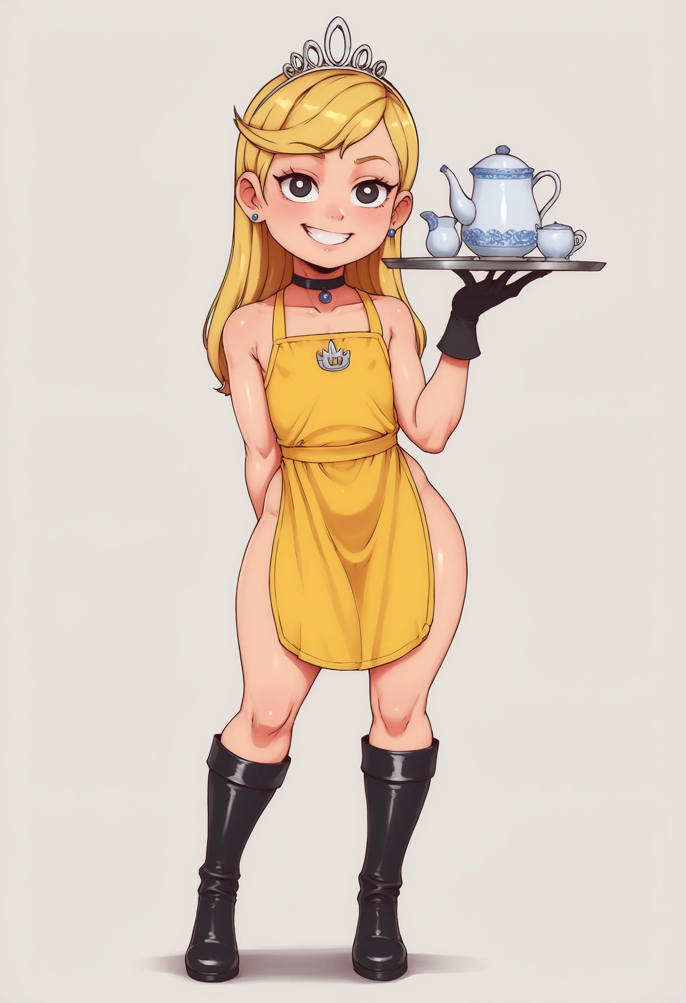 flat breasts. flat chest, skinny, huge hips, looking at viewer, 1o1a, blonde hair, tiara, Black eyes, earrings, necklace, choker. | HDR, 8K, masterpiece, best quality, amazing quality, very aesthetic, ultra-detailed, absurdres, newest, (plebbles:1.2), gloves, apron on naked body, maid headdress, smile, tray, full body, boots, gloves, footwear, maid, holding tray, holding, grin, standing, teapot, yellow apron, BREAK, beautiful detailed eyes, detailed skin, detailed hair