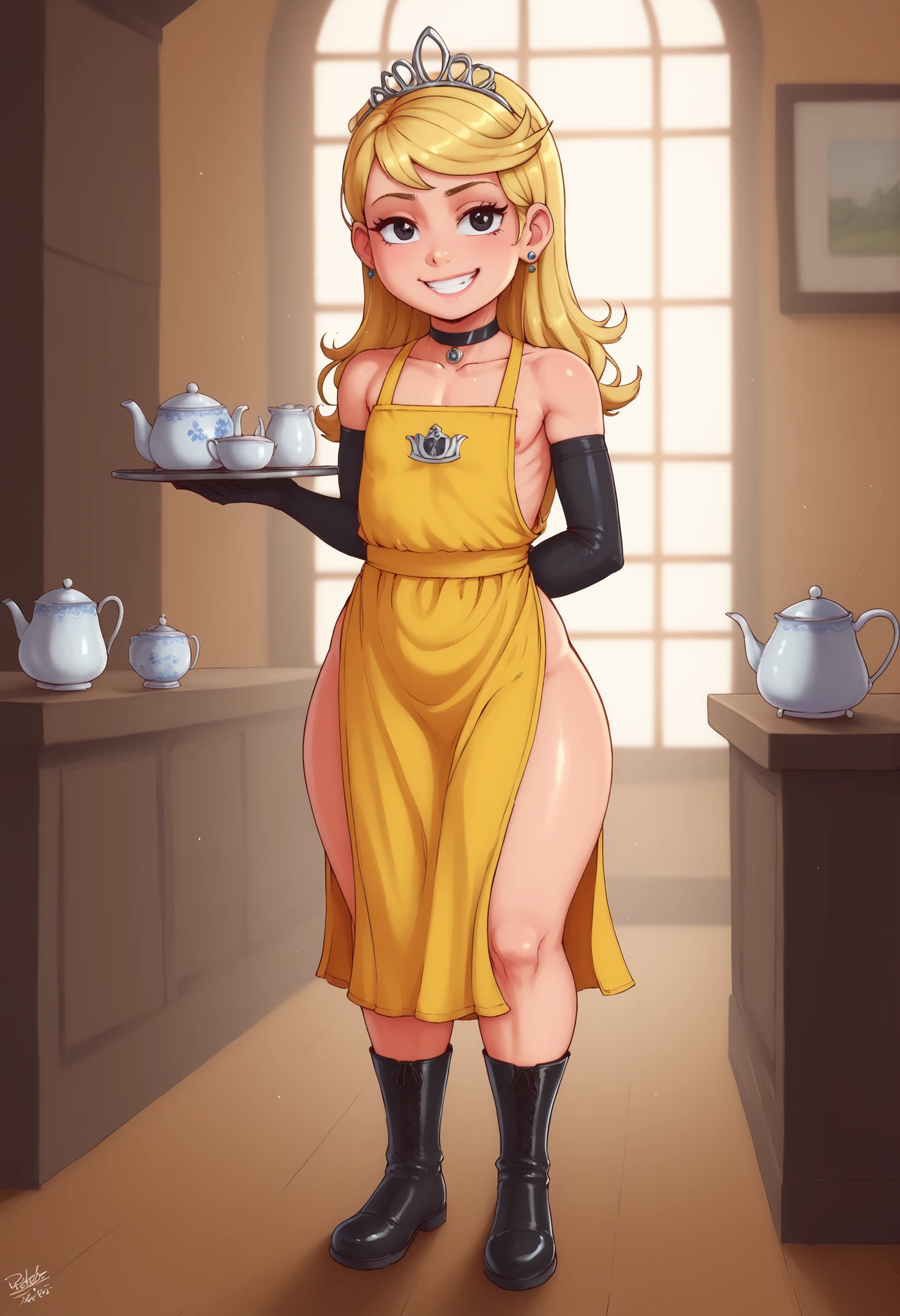 flat breasts. flat chest, skinny, huge hips, looking at viewer, 1o1a, blonde hair, tiara, Black eyes, earrings, necklace, choker. | HDR, 8K, masterpiece, best quality, amazing quality, very aesthetic, ultra-detailed, absurdres, newest, (plebbles:1.2), gloves, apron on naked body, maid headdress, smile, tray, full body, boots, gloves, footwear, maid, holding tray, holding, grin, standing, teapot, yellow apron, BREAK, beautiful detailed eyes, detailed skin, detailed hair