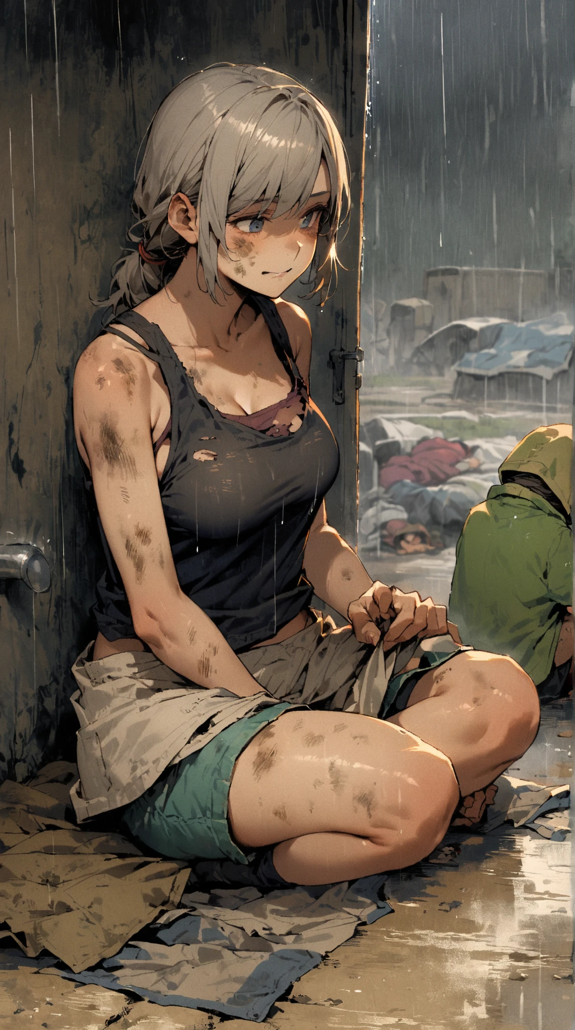 1 anime girl, big breasts, skinny body, ponytail hair, brunette hair, wearing broken eyeglasses, blood flowing down the forehead, sad face, crying ,, wet body, sweaty body, wet skin, sweaty skin, hard nipples, wearing black intricate thongs, wearing sleeveless t-shirt. Sitting in abandoned basement, light ray going from hole in ceiling, dark atmosphere, wines growing through hole in ceiling, apocalyptic atmosphere, vegetation everywhere, Anime style, Verism, Masterpiece, Anatomically correct, Super detail, High details, Best quality, 4K, A high resolution.