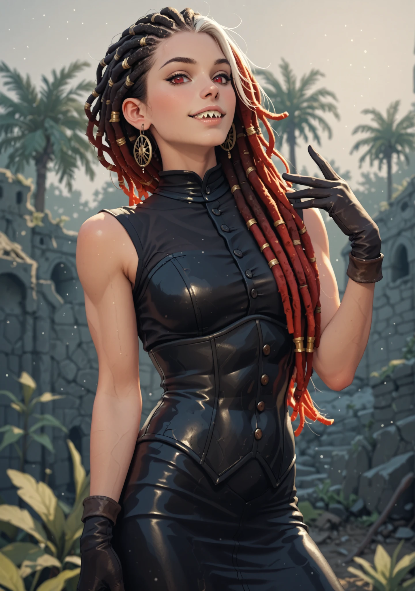 Slender body. White skin. Cute 18-year-old Asian girl with Asian red eyes and sharp teeth and dreadlocks with white highlights. She has a cute and beautiful face. She has a round and young face with a pointy chin. Her body is athletic with abs. She wears medieval an intricate medieval leather dress with corset and buttons. Background: medieval jungle ruins. Realistic lighting. DnD art-style. Looking at the viewer.